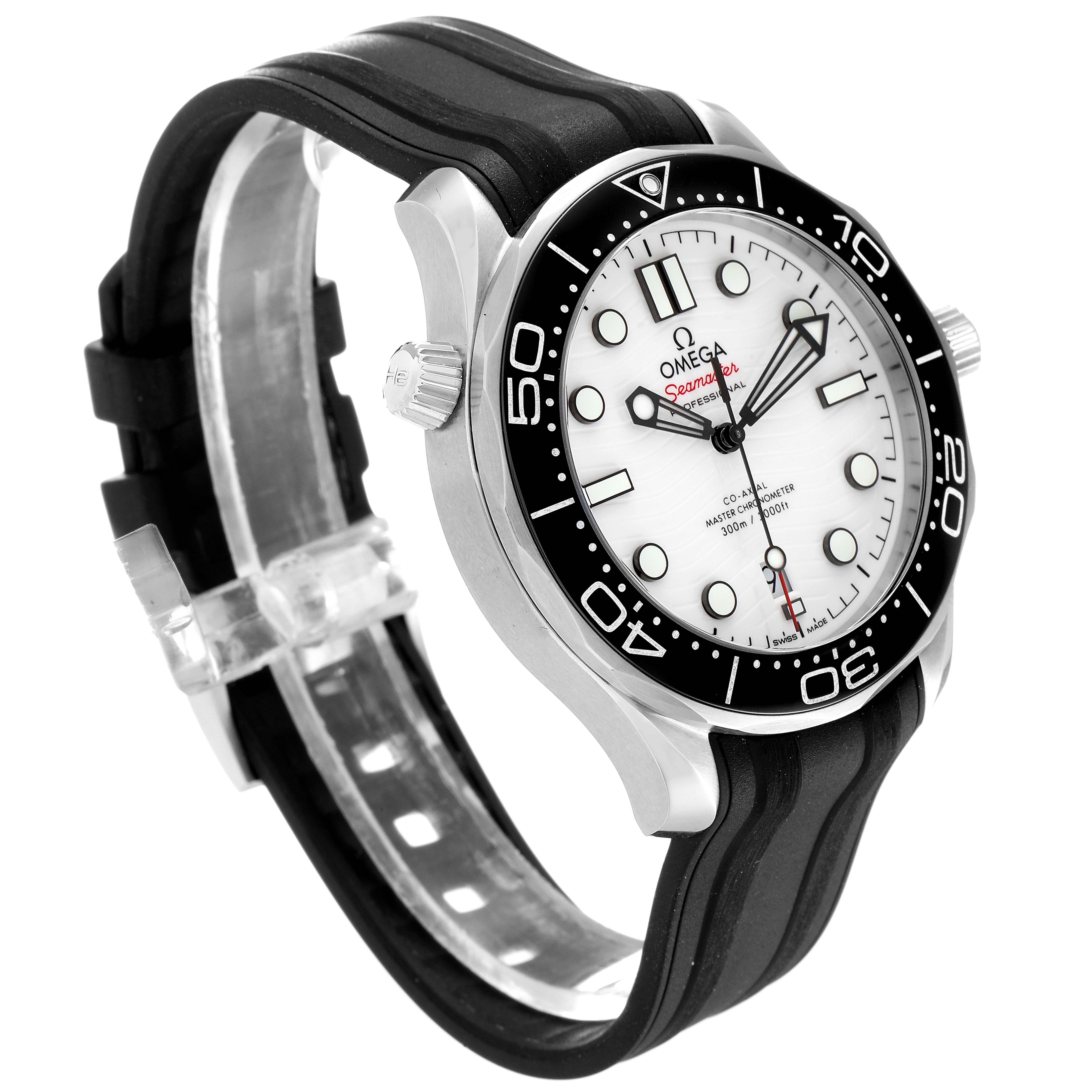 The image shows an angled side view of the Omega Seamaster 210.32.42.20.04.001 Men
s Stainless Steel White Dial 210.32.42.20.04.001 Men
s Stainless Steel White Dial watch, highlighting its bezel, dial, and rubber strap.