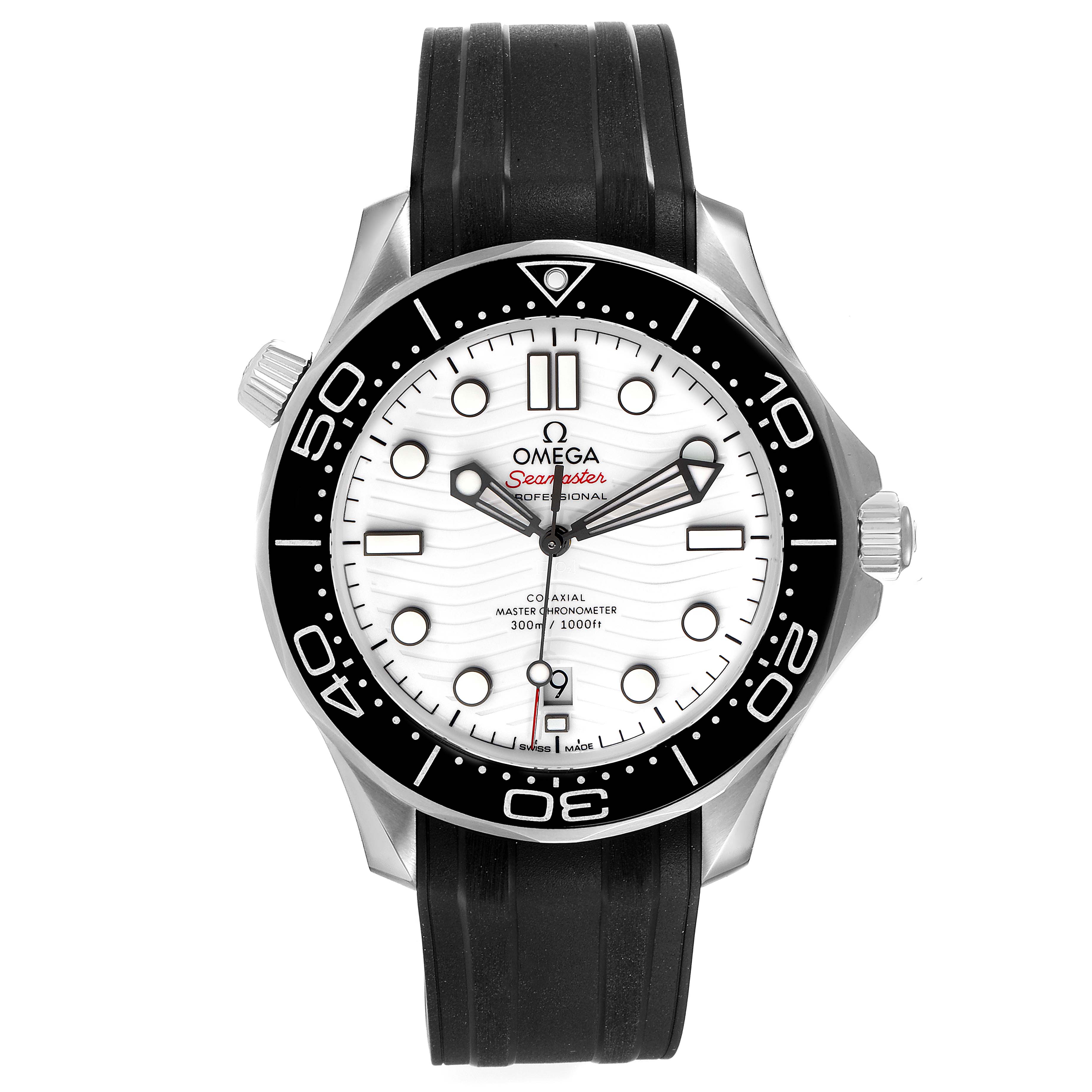 The image shows a front view of an Omega Seamaster 210.32.42.20.04.001 Men
s Stainless Steel White Dial 210.32.42.20.04.001 Men
s Stainless Steel White Dial watch with a white dial, black bezel, black rubber strap, and the crown visible.
