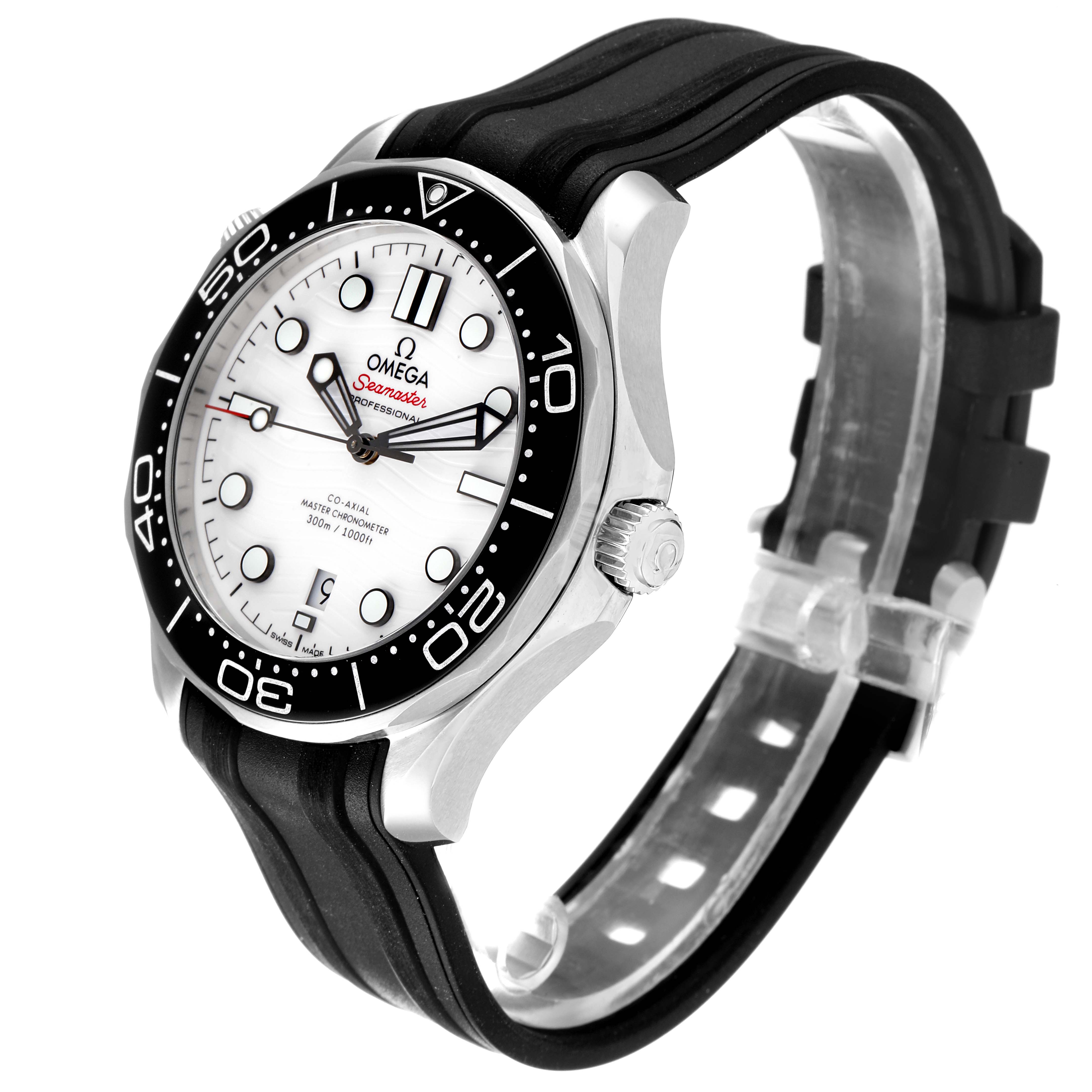 The Omega Seamaster 210.32.42.20.04.001 Men
s Stainless Steel White Dial 210.32.42.20.04.001 Men
s Stainless Steel White Dial watch is shown at a slight angle, displaying its face, bezel, crown, and rubber strap.