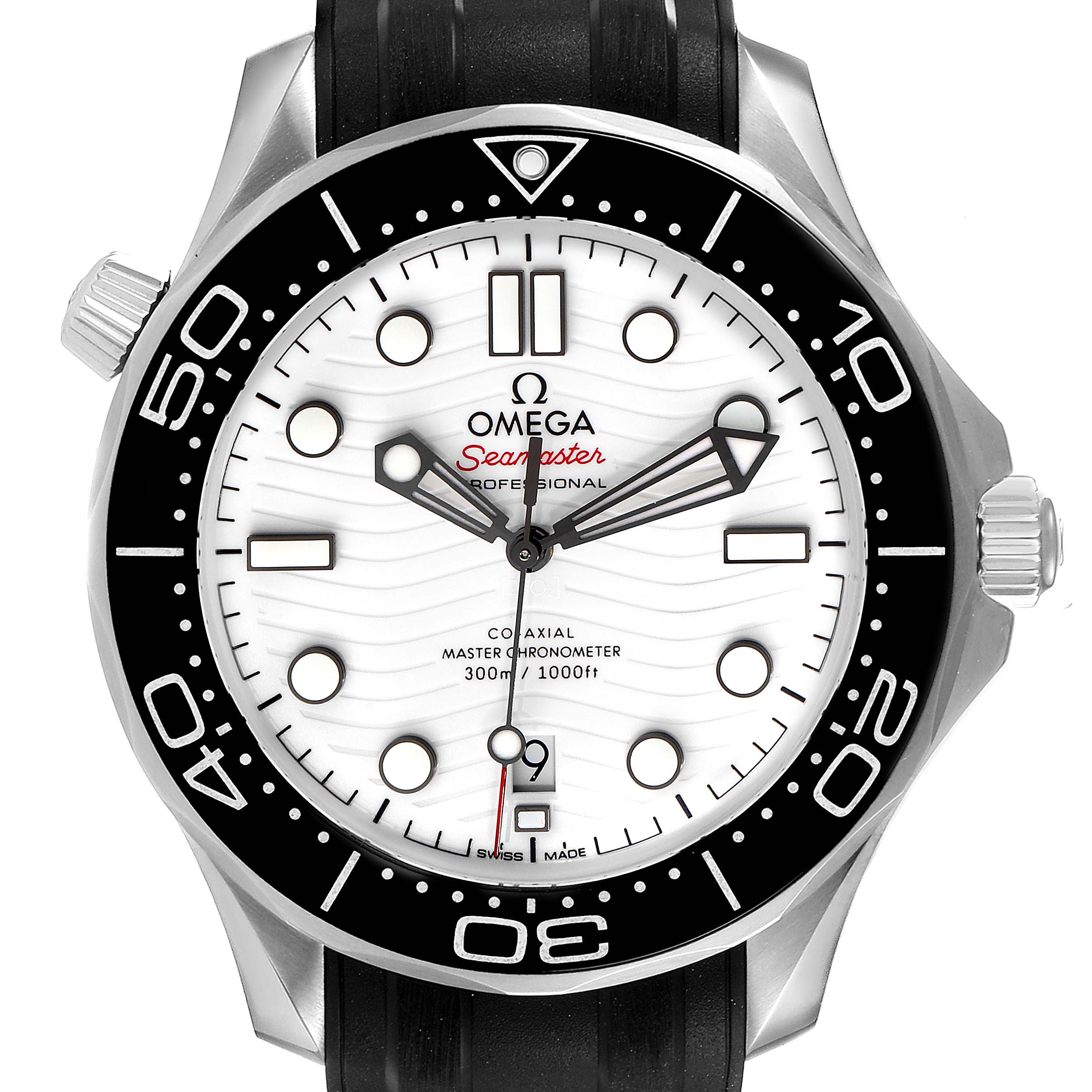 This image shows a front view of the Omega Seamaster 210.32.42.20.04.001 Men
s Stainless Steel White Dial 210.32.42.20.04.001 Men
s Stainless Steel White Dial watch, showcasing its dial, bezel, and crown.