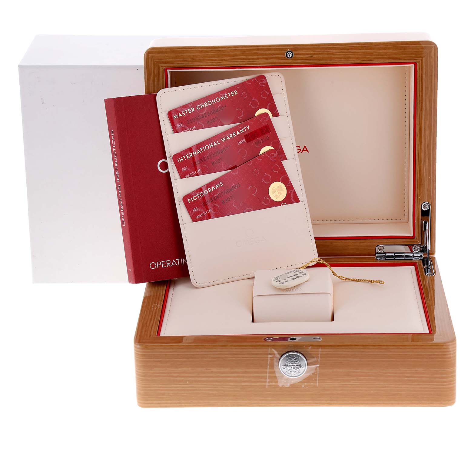 The image shows the open packaging of an Omega Seamaster 210.32.42.20.04.001 Men's Stainless Steel White Dial 210.32.42.20.04.001 Men's Stainless Steel White Dial, including the operating instructions, warranty cards, and box.