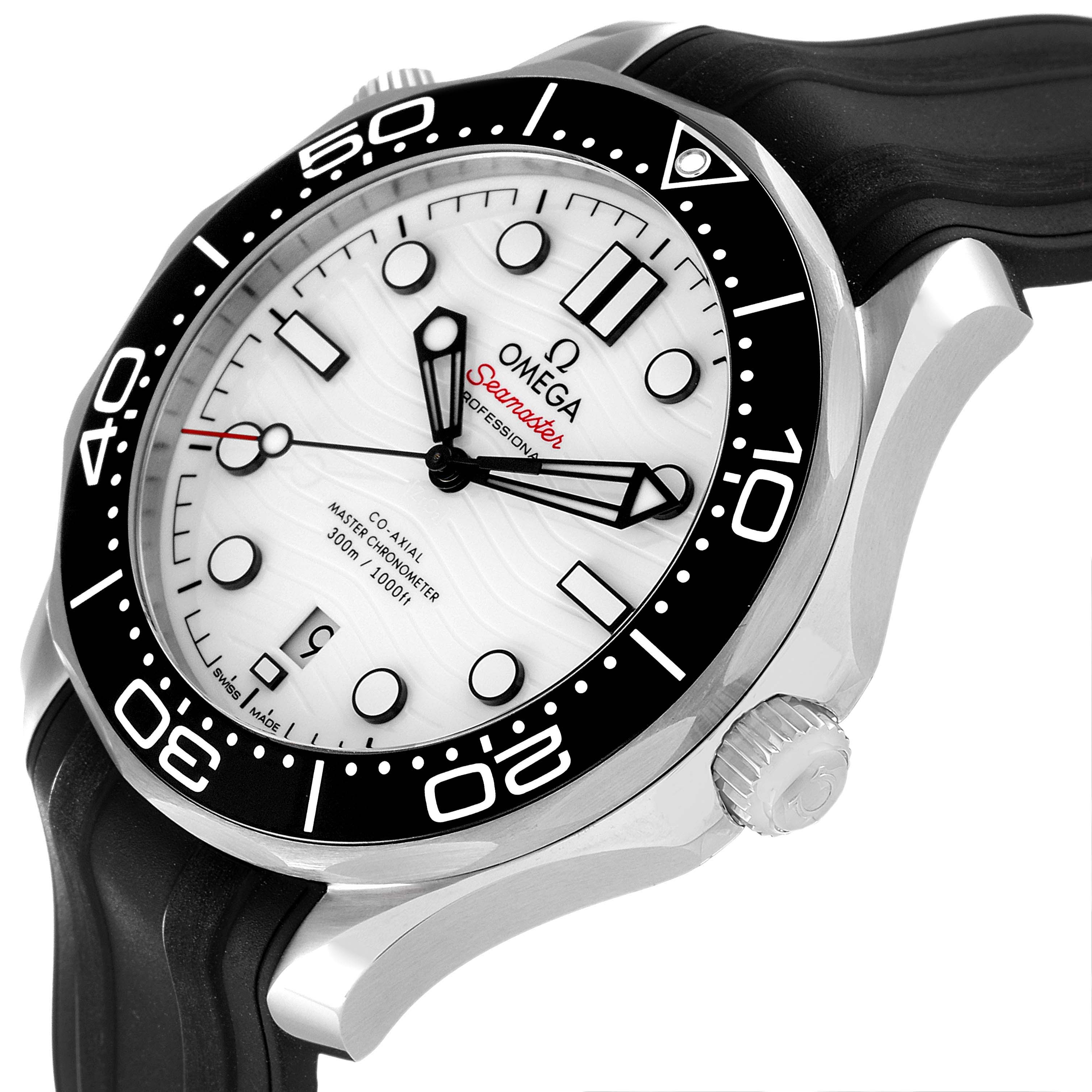 The image shows an Omega Seamaster 210.32.42.20.04.001 Men's Stainless Steel White Dial 210.32.42.20.04.001 Men's Stainless Steel White Dial watch at an angle highlighting the dial, bezel, crown, and part of the strap.