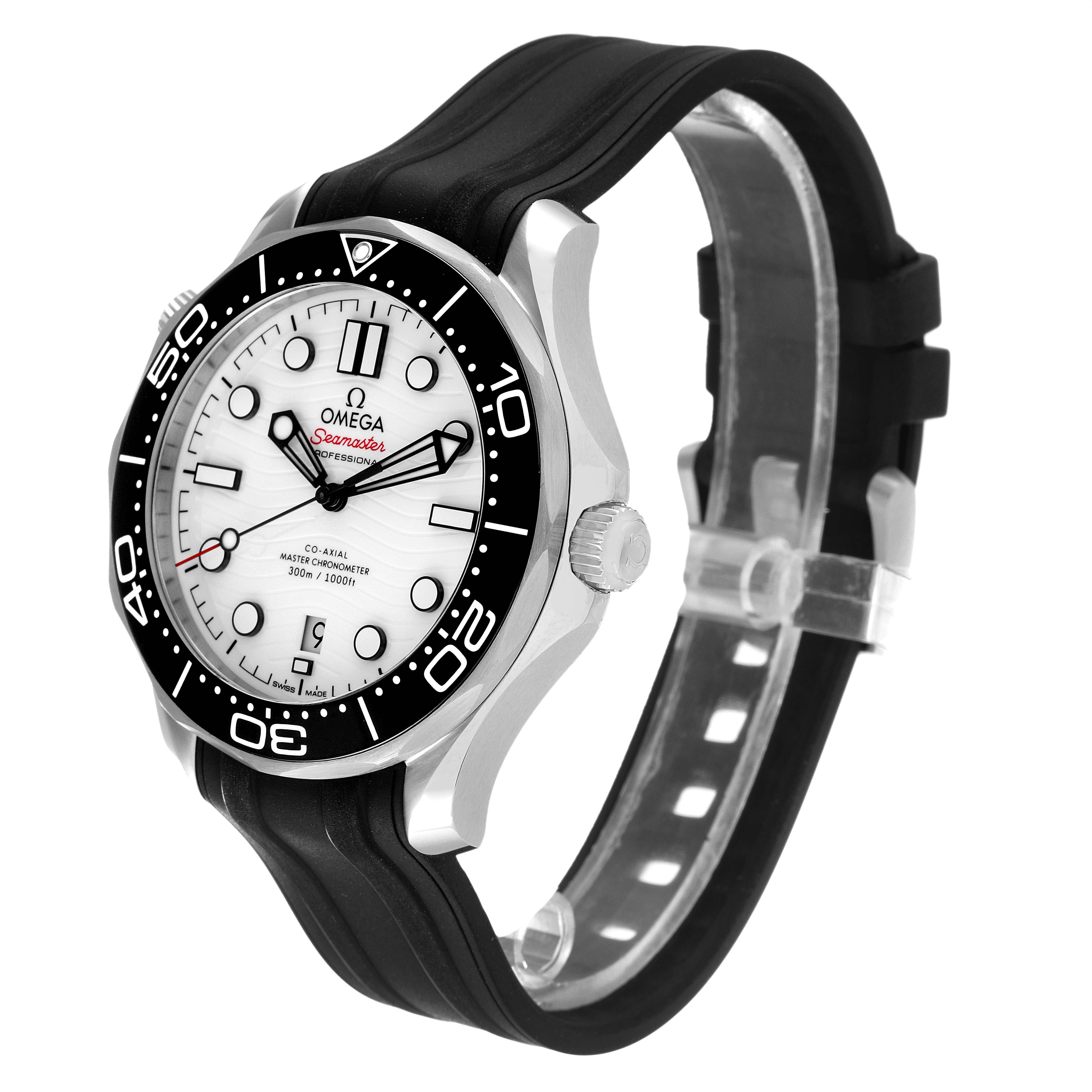 The image shows an Omega Seamaster 210.32.42.20.04.001 Men's Stainless Steel White Dial 210.32.42.20.04.001 Men's Stainless Steel White Dial watch at a three-quarter angle, highlighting its face, bezel, and black strap.