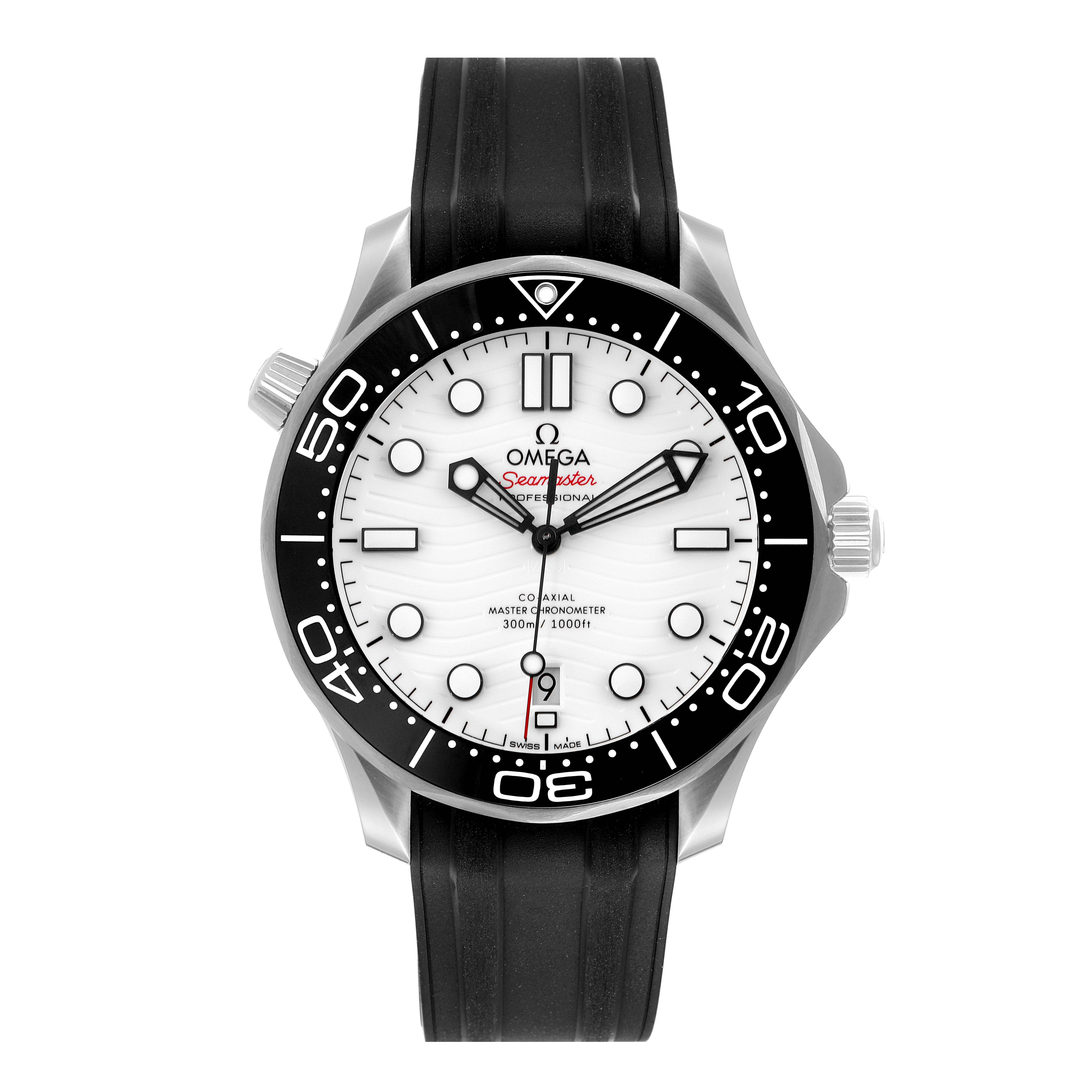 The Omega Seamaster 210.32.42.20.04.001 Men's Stainless Steel White Dial 210.32.42.20.04.001 Men's Stainless Steel White Dial watch is shown from the front, displaying its face, bezel, and crown, with a black strap.