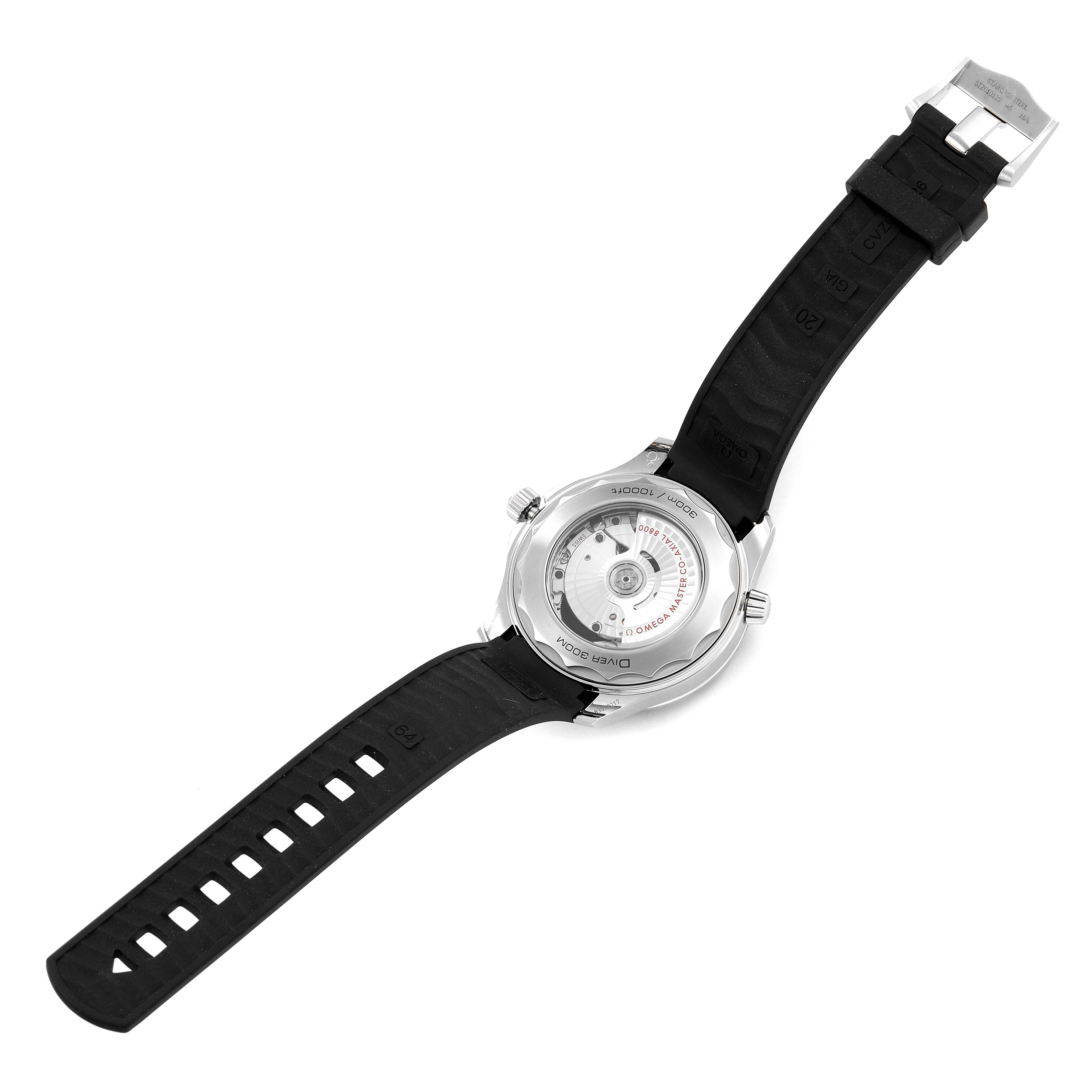 The image shows the back view of an Omega Seamaster 210.32.42.20.04.001 Men's Stainless Steel White Dial 210.32.42.20.04.001 Men's Stainless Steel White Dial watch, highlighting its movement and a black rubber strap.