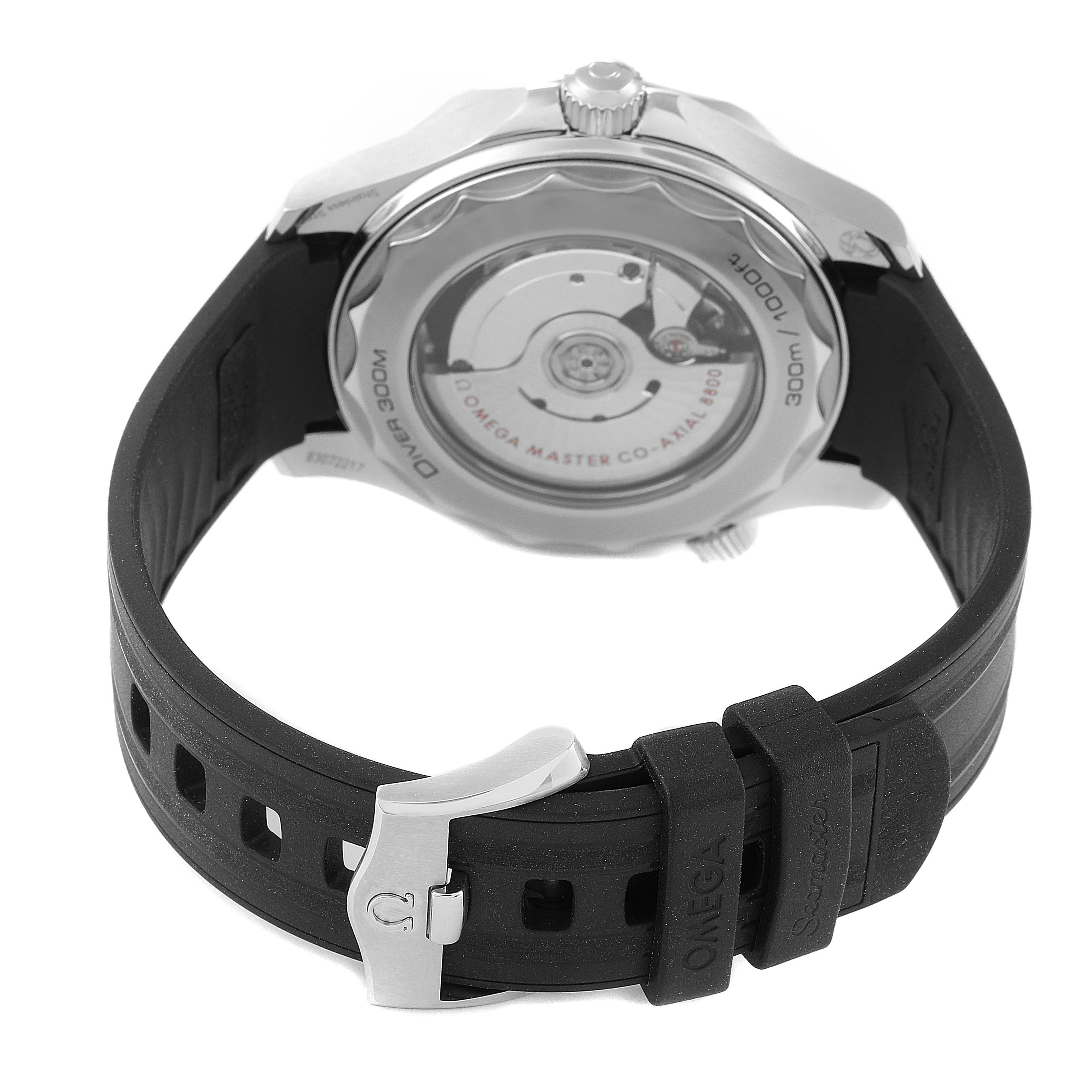 The image shows the back view of the Omega Seamaster 210.32.42.20.04.001 Men's Stainless Steel White Dial 210.32.42.20.04.001 Men's Stainless Steel White Dial watch, featuring its movement and rubber strap with a clasp.