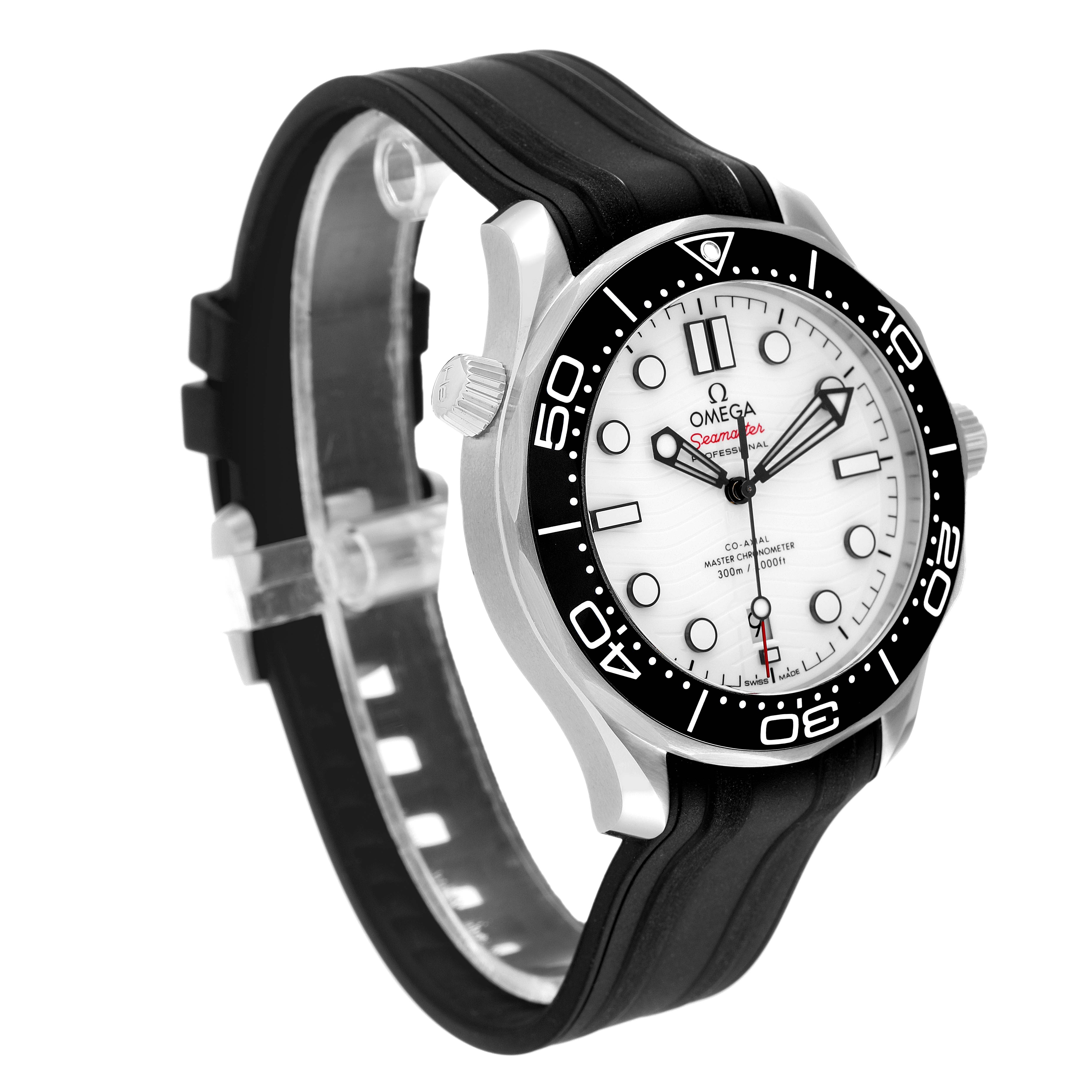 The image shows an angled front view of an Omega Seamaster 210.32.42.20.04.001 Men's Stainless Steel White Dial 210.32.42.20.04.001 Men's Stainless Steel White Dial watch, highlighting the bezel, dial, and rubber strap.