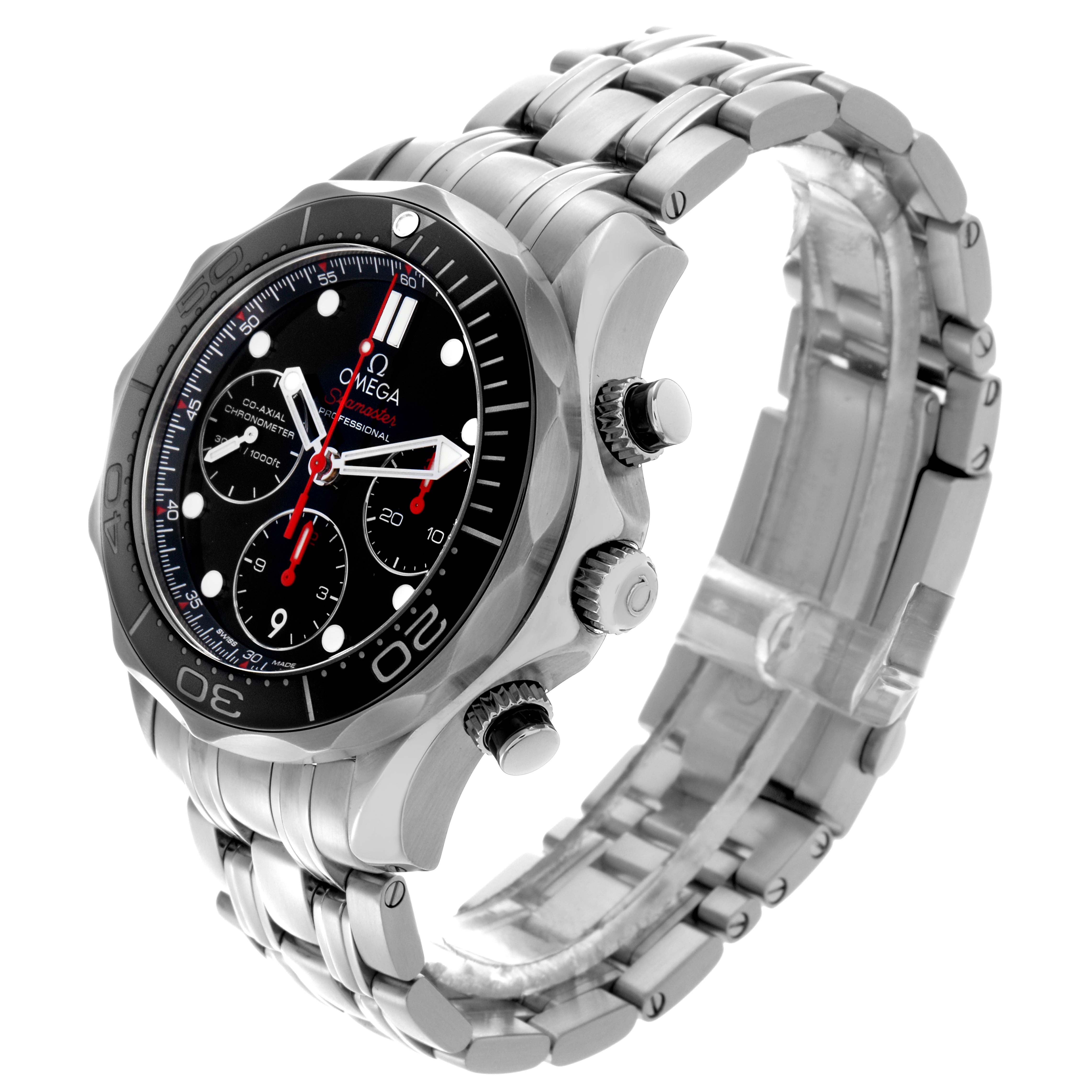 The Omega Seamaster 212.30.42.50.01.001 Men
s Stainless Steel Black Dial 212.30.42.50.01.001 Men
s Stainless Steel Black Dial watch is shown at a three-quarter angle, highlighting the face, bezel, pushers, and metal bracelet.