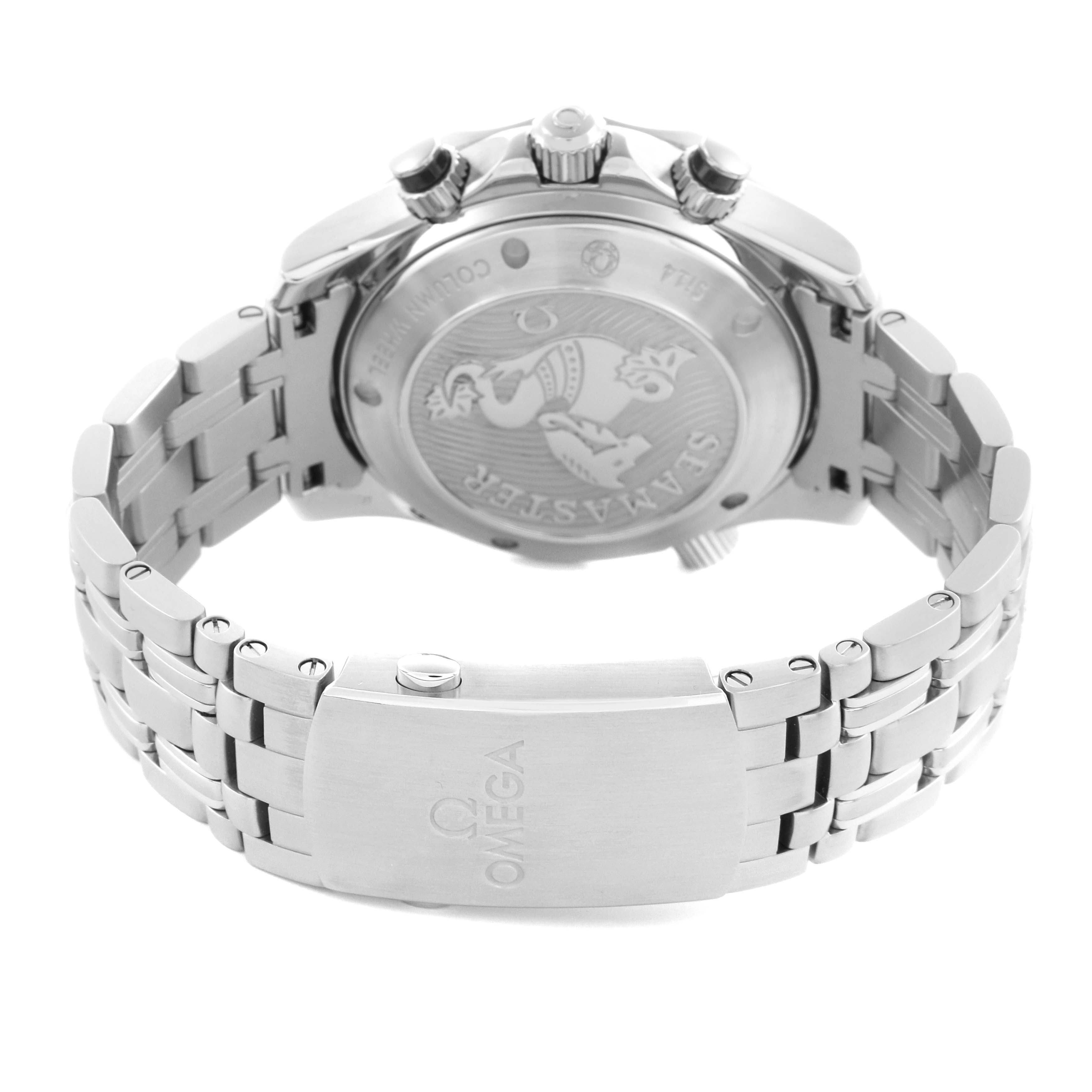 The Omega Seamaster 212.30.42.50.01.001 Men
s Stainless Steel Black Dial 212.30.42.50.01.001 Men
s Stainless Steel Black Dial is shown from the back, highlighting the case back, bracelet, and clasp with engraved branding.