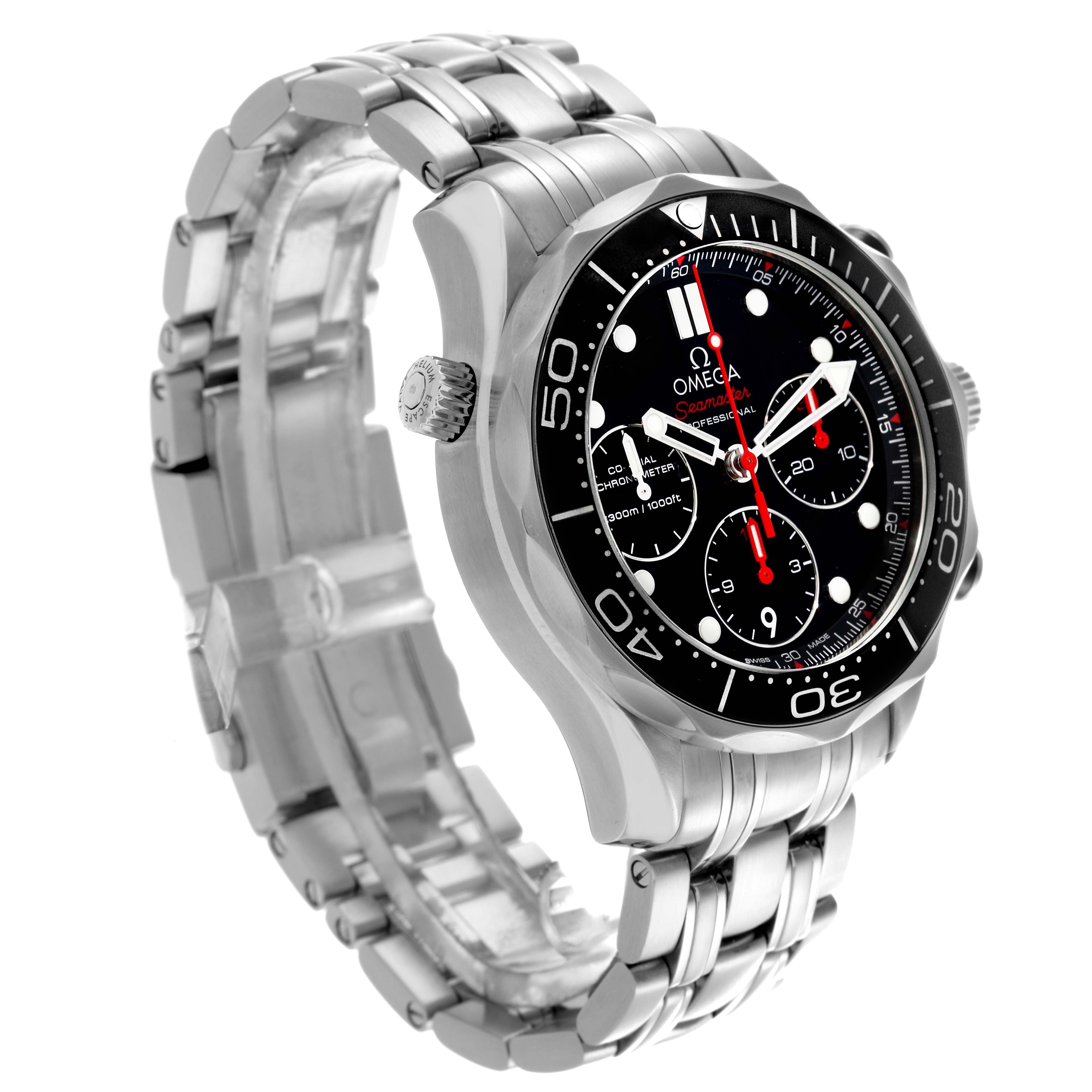 The Omega Seamaster 212.30.42.50.01.001 Men
s Stainless Steel Black Dial 212.30.42.50.01.001 Men
s Stainless Steel Black Dial watch is shown at a three-quarter angle, displaying the face, bezel, and metal bracelet clearly.