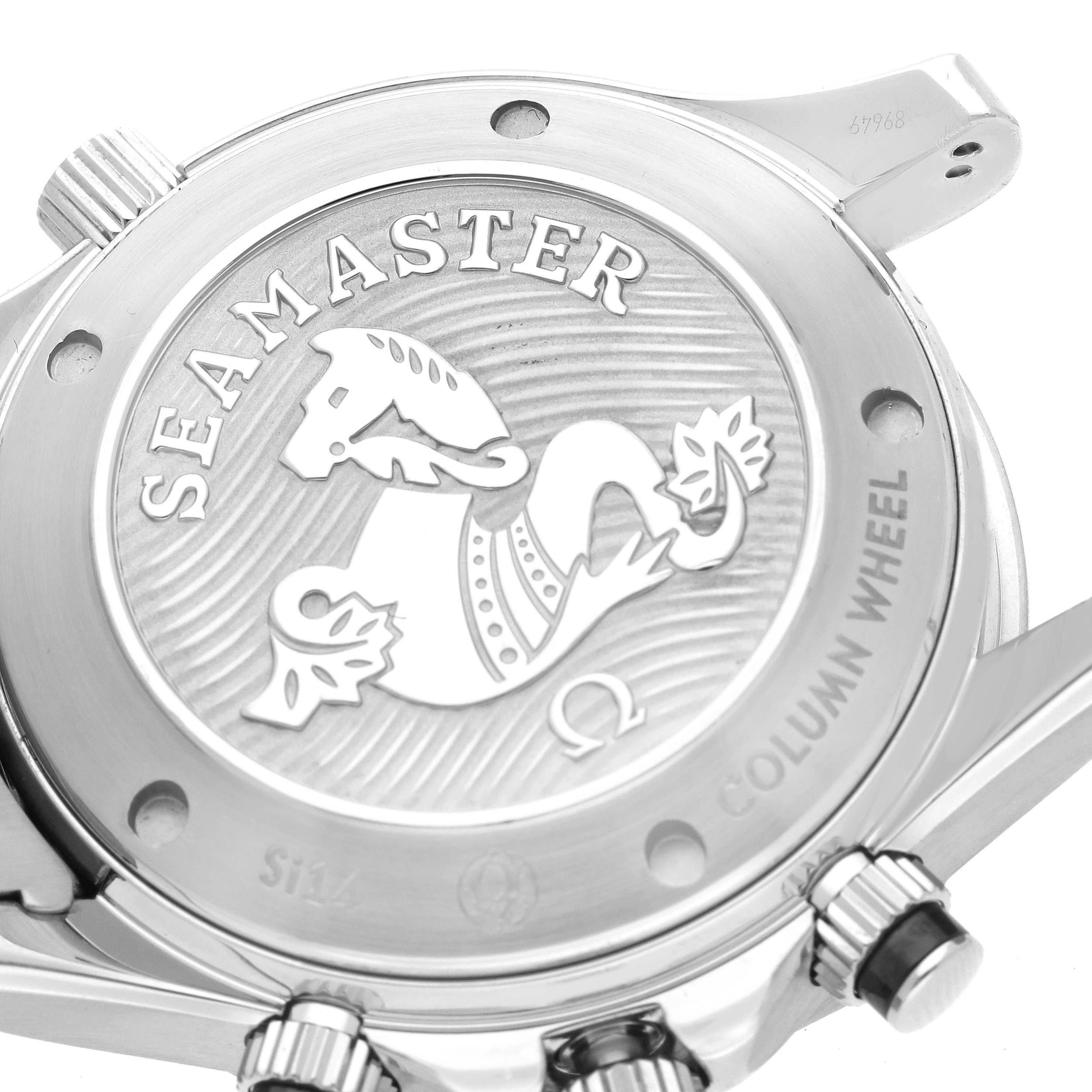 The image shows the back of the Omega Seamaster 212.30.42.50.01.001 Men
s Stainless Steel Black Dial 212.30.42.50.01.001 Men
s Stainless Steel Black Dial watch, highlighting the engraved case back with its branding and decorative elements.