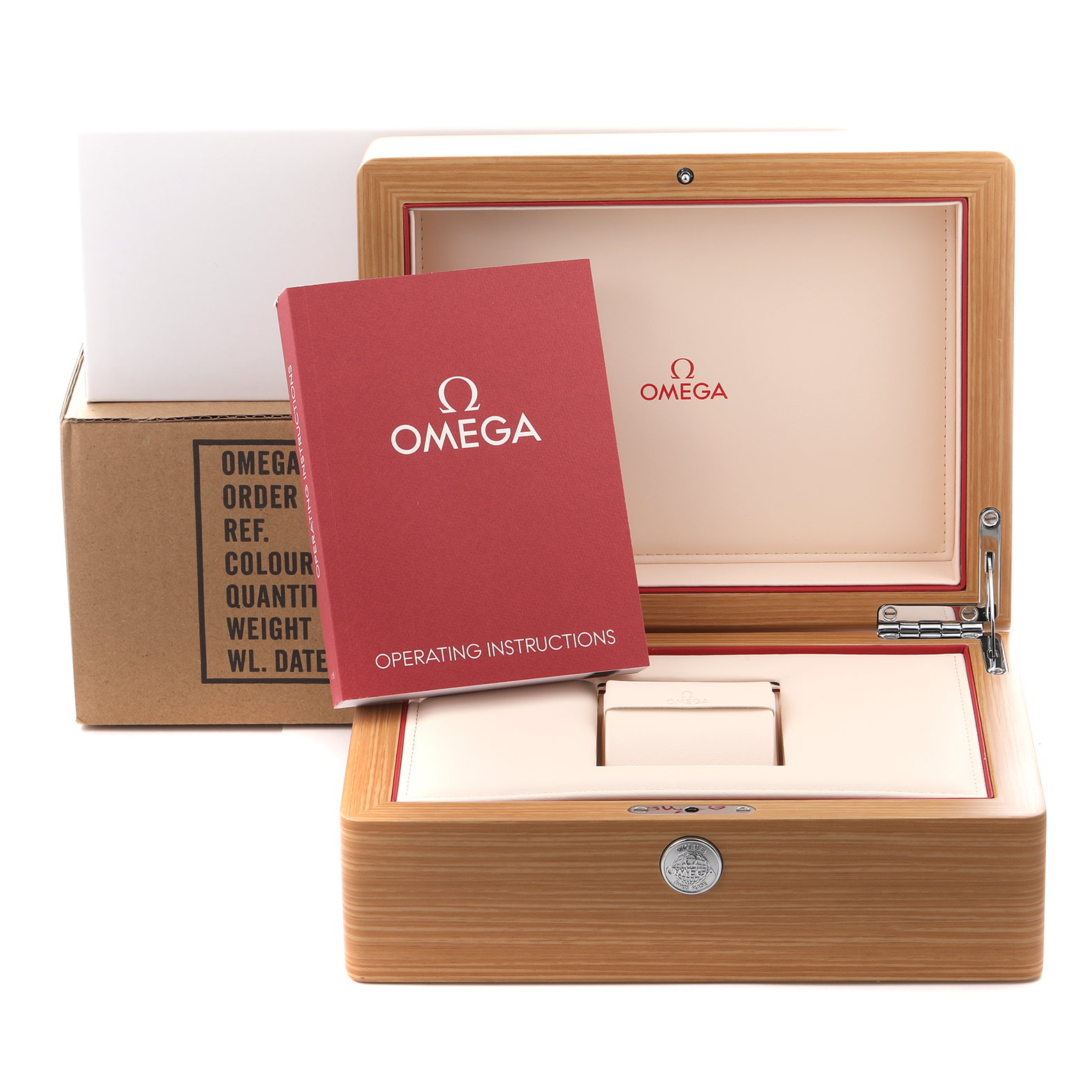 The image shows a wooden Omega Seamaster 212.30.42.50.01.001 Men
s Stainless Steel Black Dial 212.30.42.50.01.001 Men
s Stainless Steel Black Dial box with the lid open, accompanied by a red operating instructions booklet.