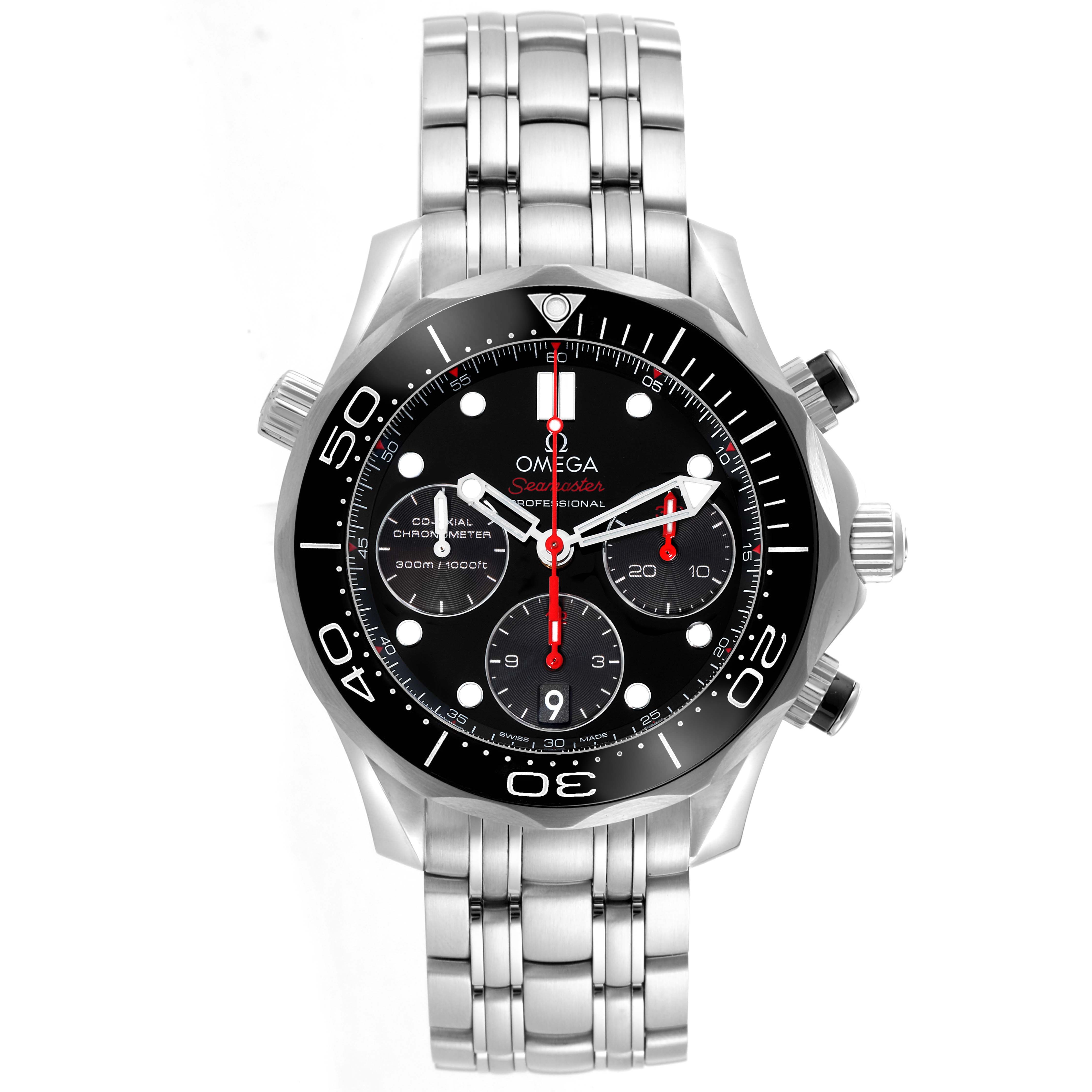 The Omega Seamaster 212.30.42.50.01.001 Men
s Stainless Steel Black Dial 212.30.42.50.01.001 Men
s Stainless Steel Black Dial model is shown from a top view, showcasing the dial, bezel, crown, and stainless steel bracelet.