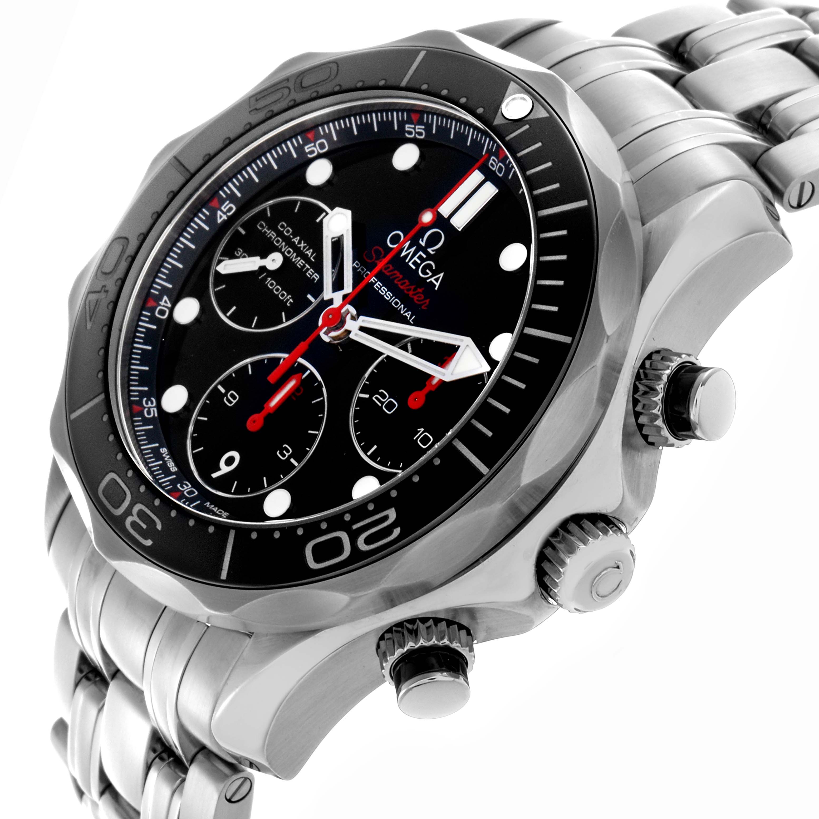 The Omega Seamaster 212.30.42.50.01.001 Men
s Stainless Steel Black Dial 212.30.42.50.01.001 Men
s Stainless Steel Black Dial watch is shown at an angle highlighting the face, bezel, crown, and stainless steel bracelet.