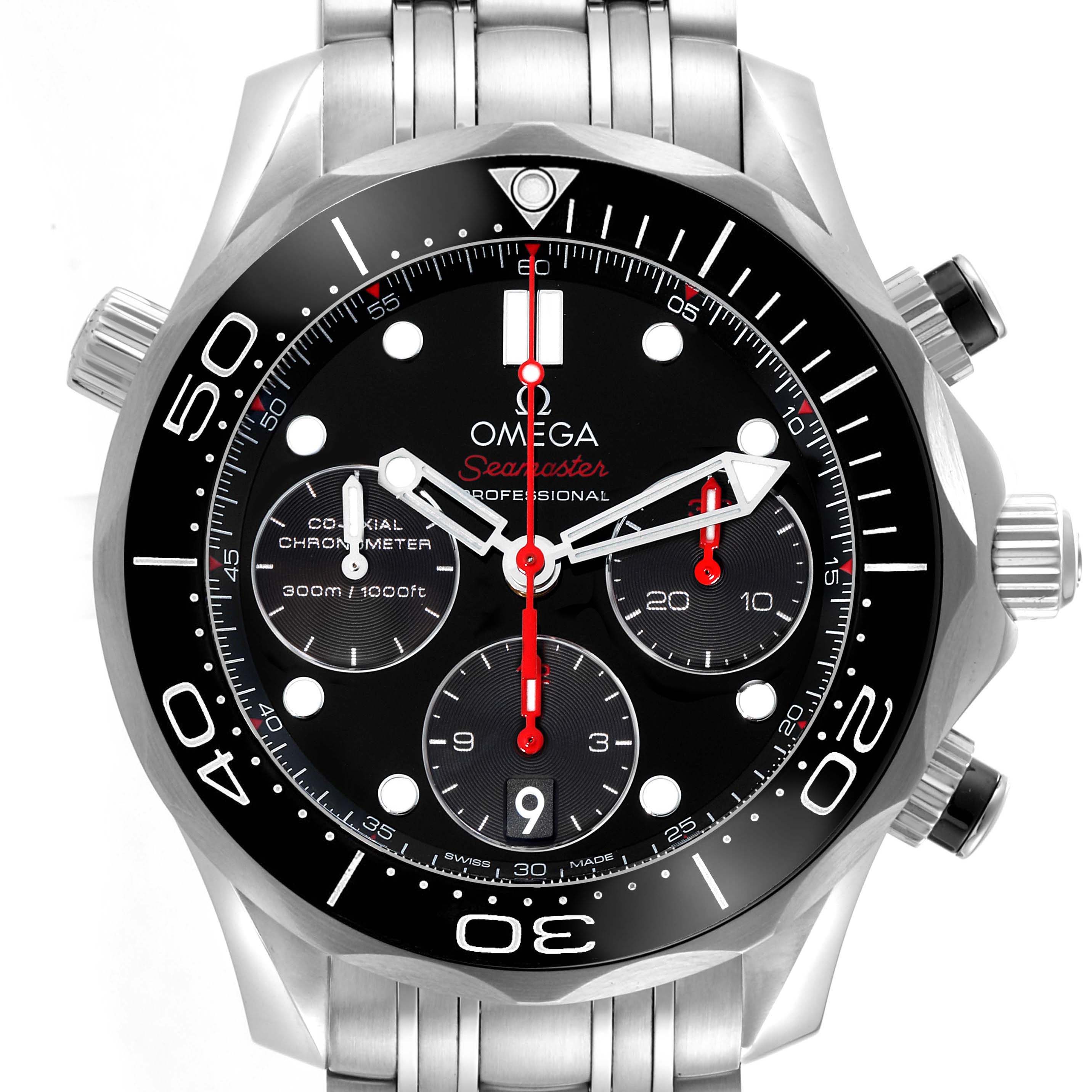 The Omega Seamaster 212.30.42.50.01.001 Men
s Stainless Steel Black Dial 212.30.42.50.01.001 Men
s Stainless Steel Black Dial watch is shown from a front angle, featuring its bezel, dial, subdials, and metal bracelet.