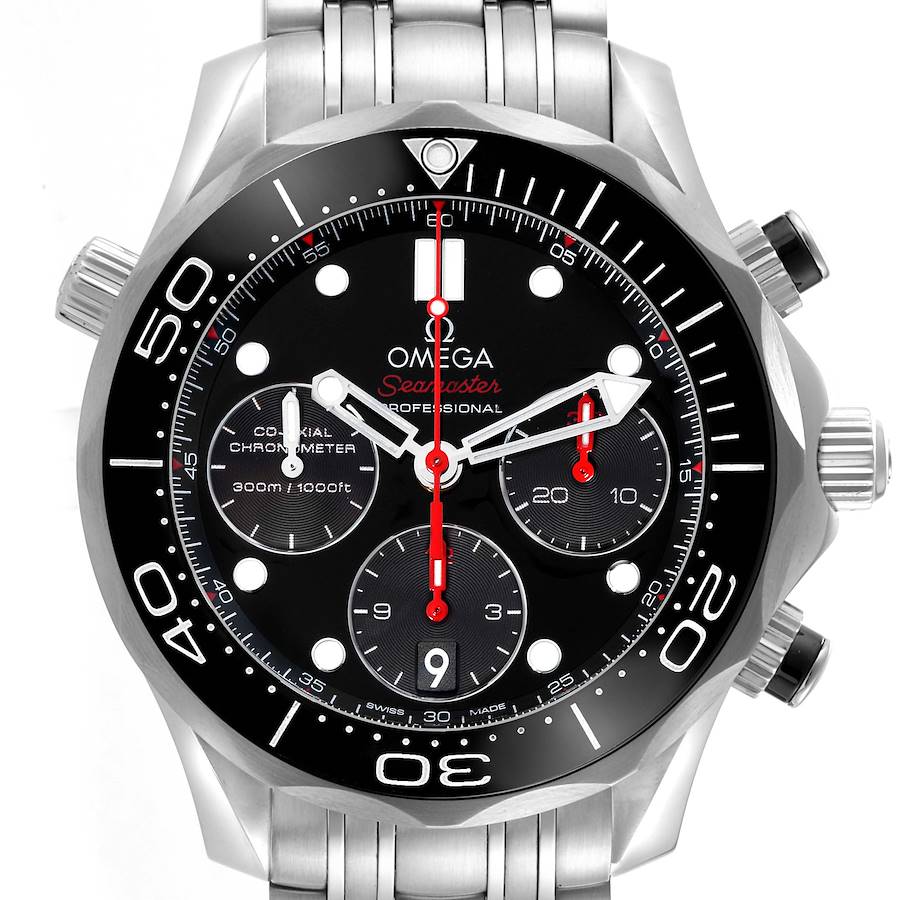 The Omega Seamaster watch is shown from a front angle, featuring its bezel, dial, subdials, and metal bracelet.