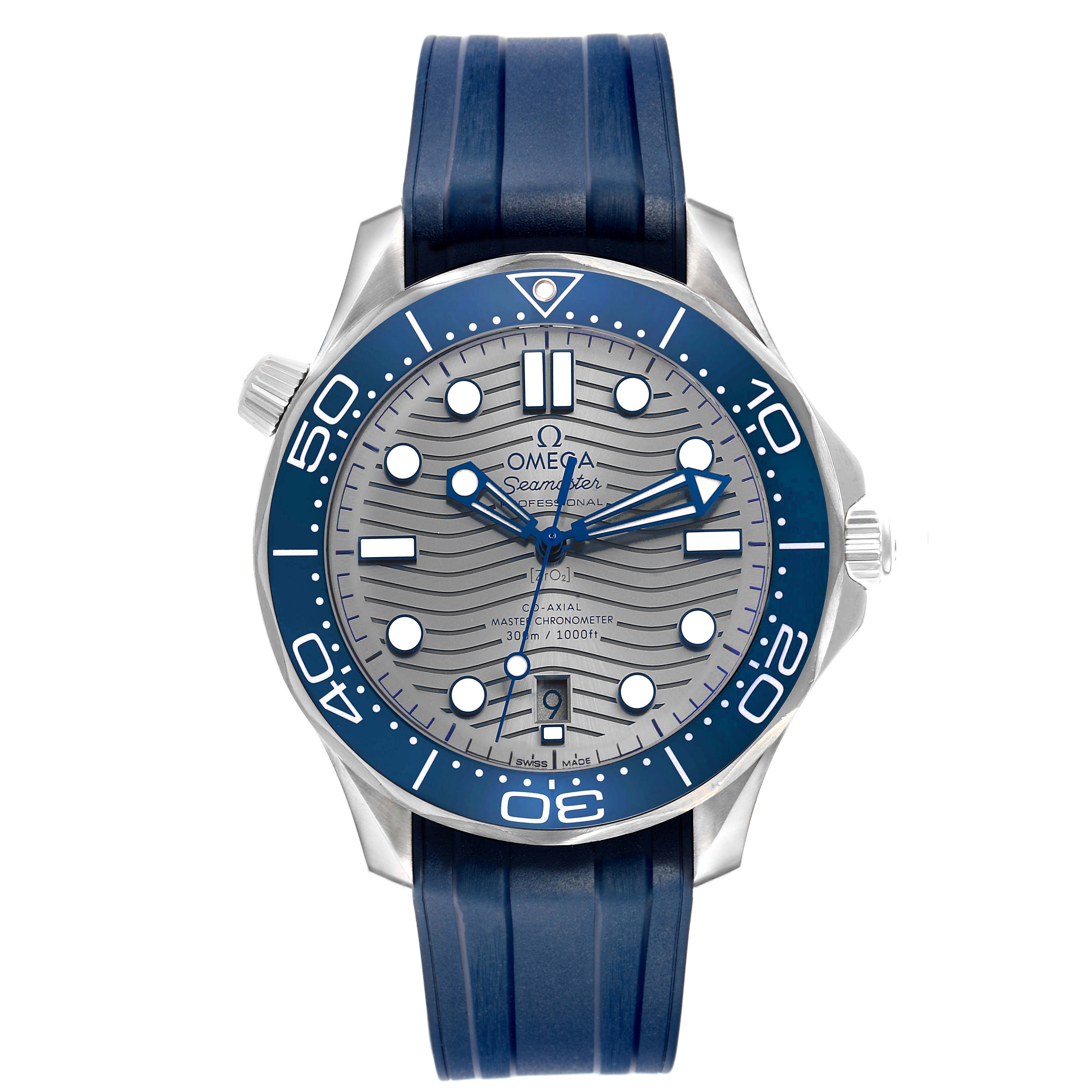 The Omega Seamaster 210.32.42.20.06.001 Men's Stainless Steel Grey Dial watch is shown from a front angle, displaying the dial, bezel, and blue strap.