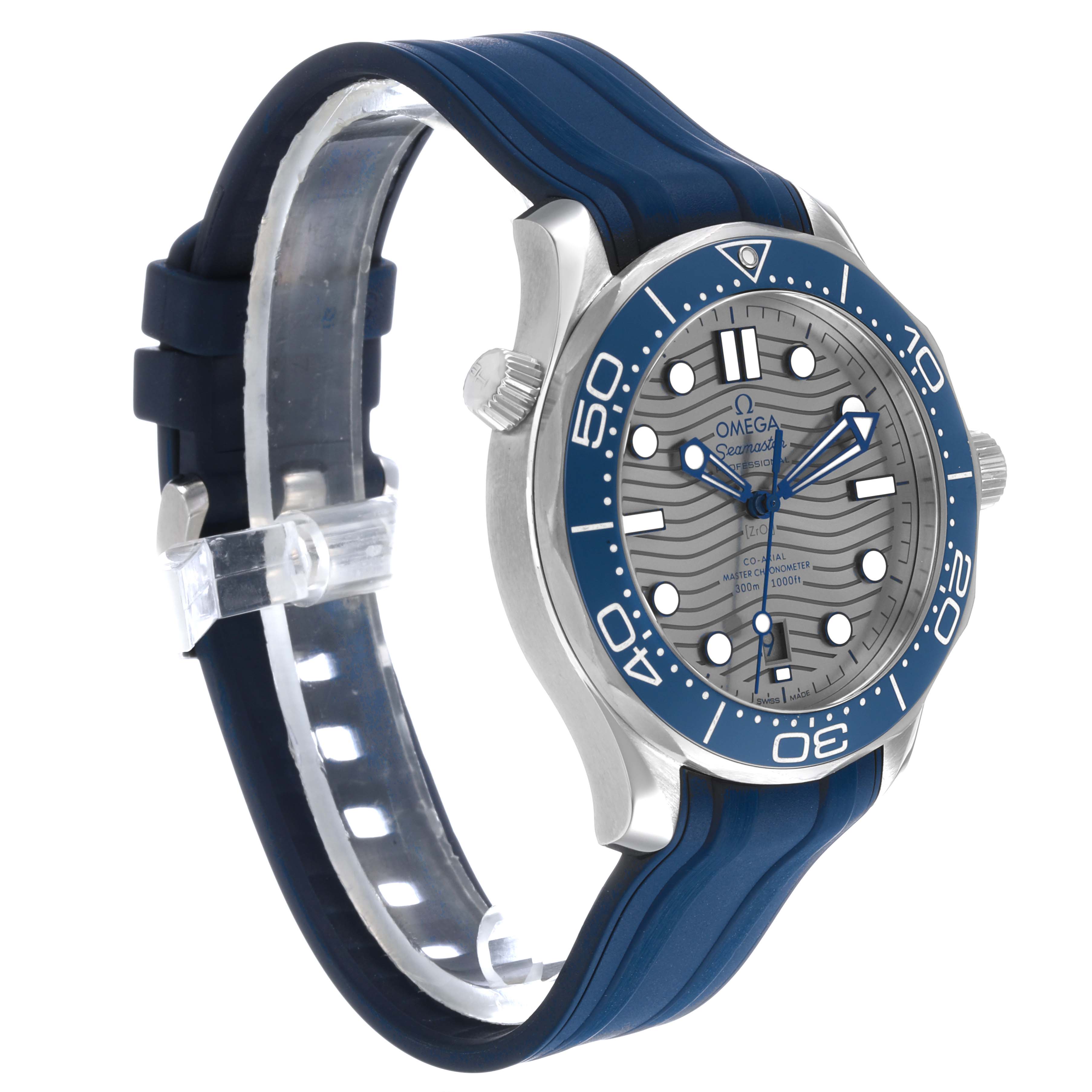 The Omega Seamaster 210.32.42.20.06.001 Men's Stainless Steel Grey Dial watch is shown at a three-quarter angle, highlighting the face, bezel, and blue strap.
