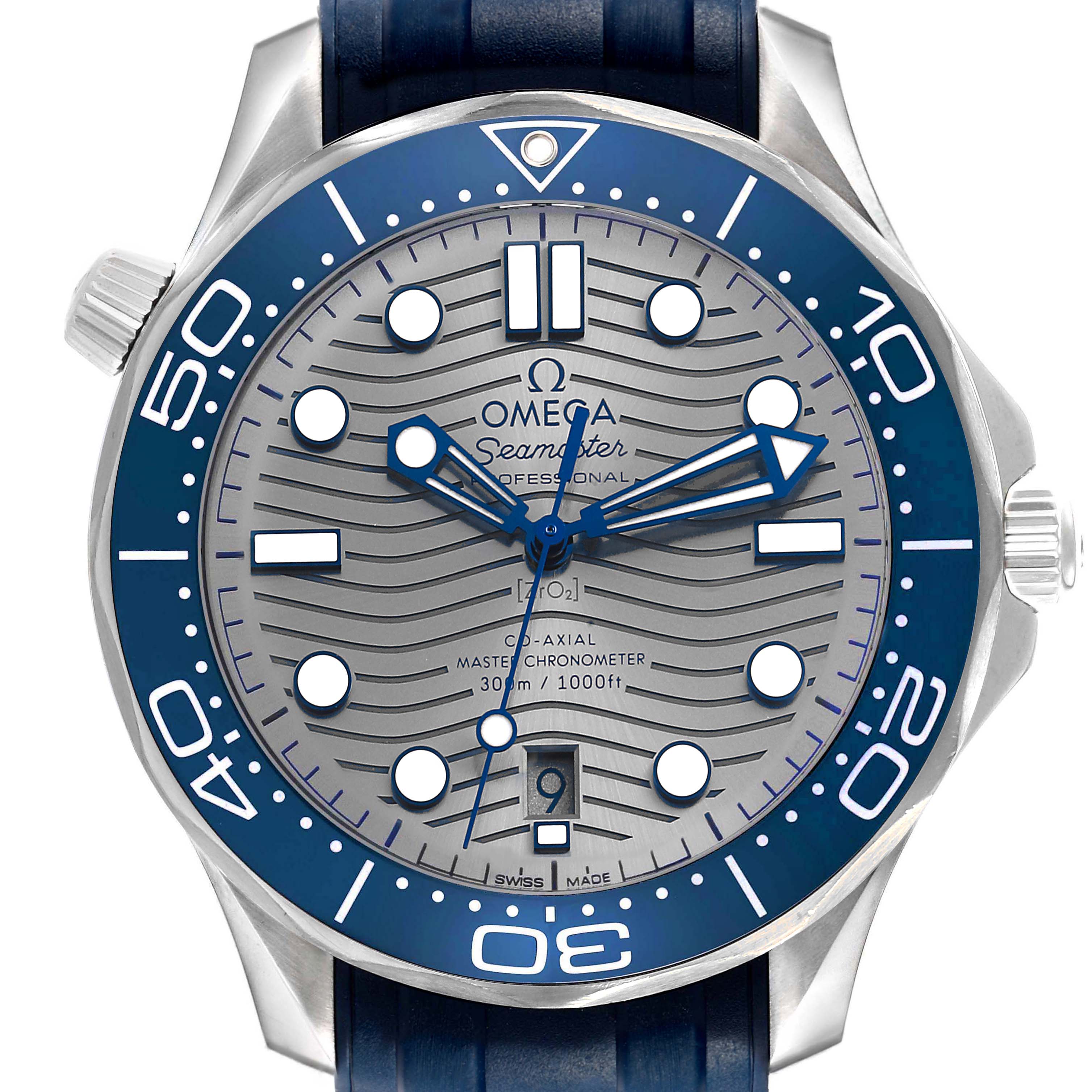 The Omega Seamaster 210.32.42.20.06.001 Men's Stainless Steel Grey Dial watch is shown from a top view, displaying the dial, bezel, and part of the strap.