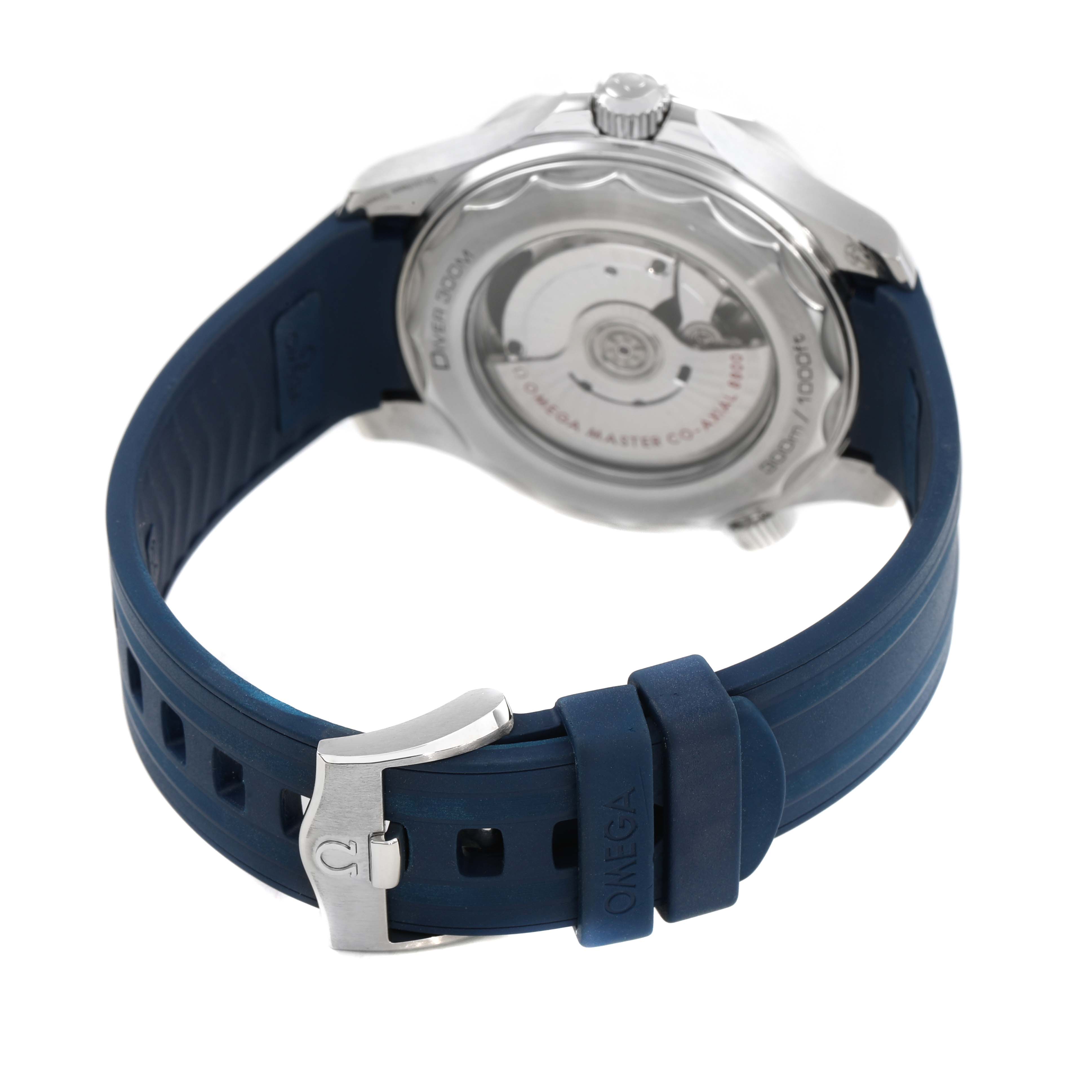 The Omega Seamaster 210.32.42.20.06.001 Men's Stainless Steel Grey Dial watch is shown from the back, highlighting the case back and blue strap with buckle.