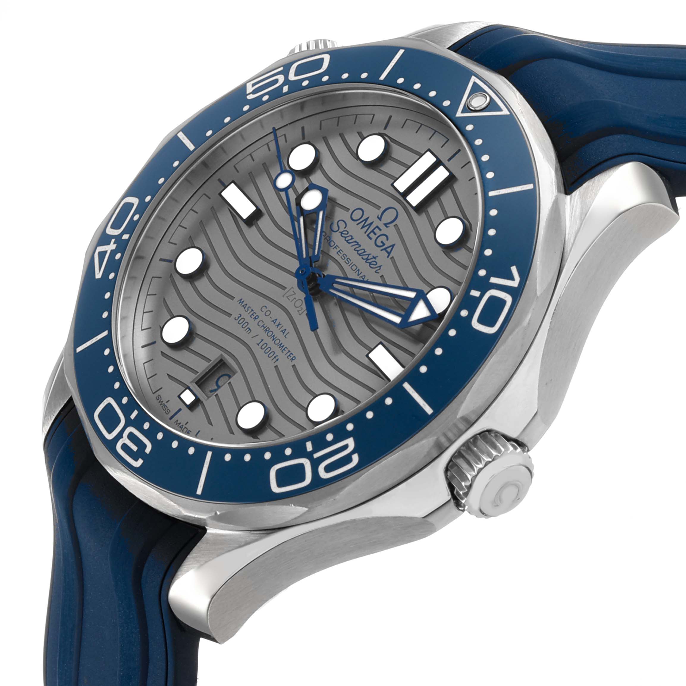 The Omega Seamaster 210.32.42.20.06.001 Men's Stainless Steel Grey Dial watch is shown from a front-side angle, displaying the face, bezel, and part of the strap.