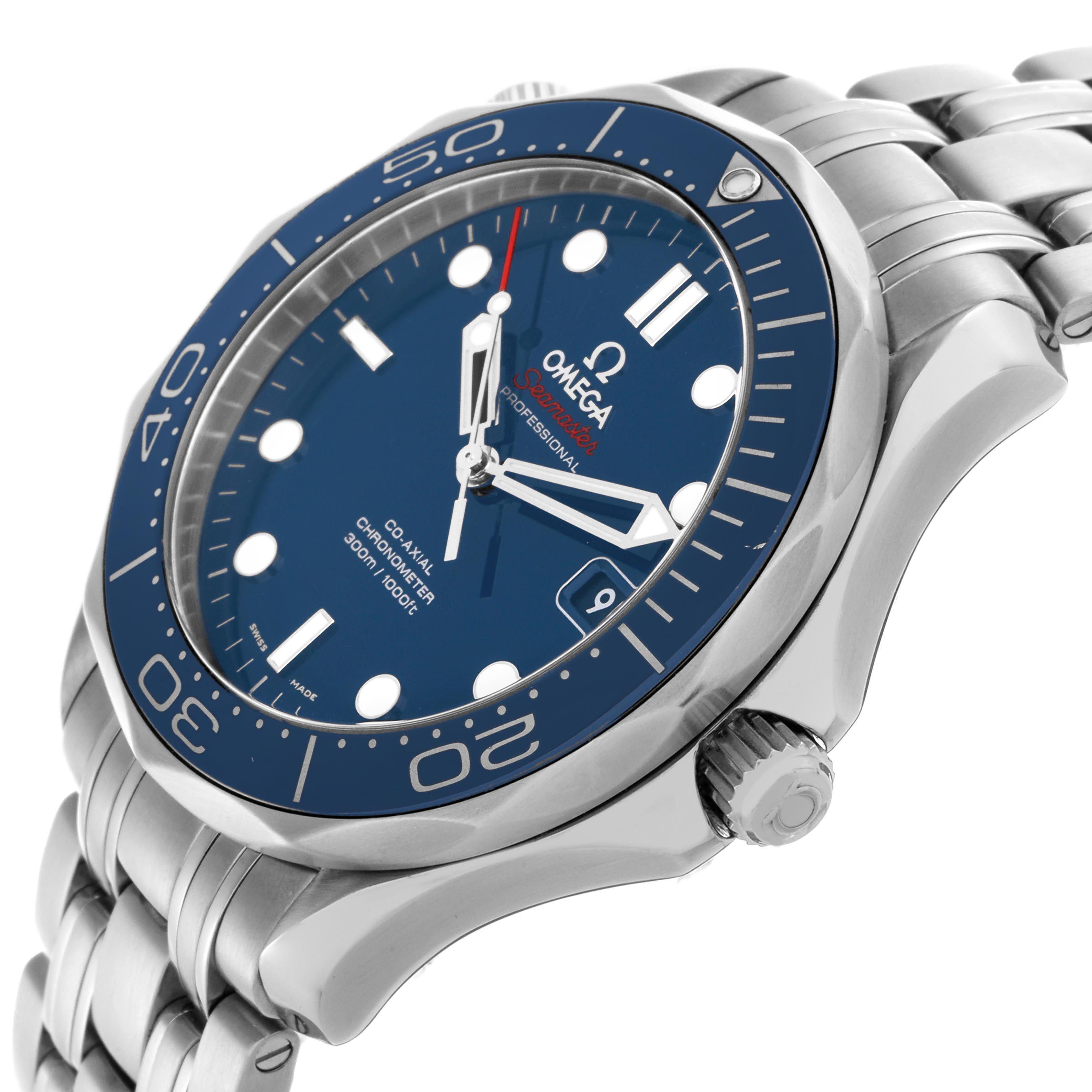 The Omega Seamaster 212.30.41.20.03.001 Men
s Stainless Steel Blue Dial 212.30.41.20.03.001 Men
s Stainless Steel Blue Dial watch is shown at an angle highlighting the face, bezel, crown, and part of the bracelet.