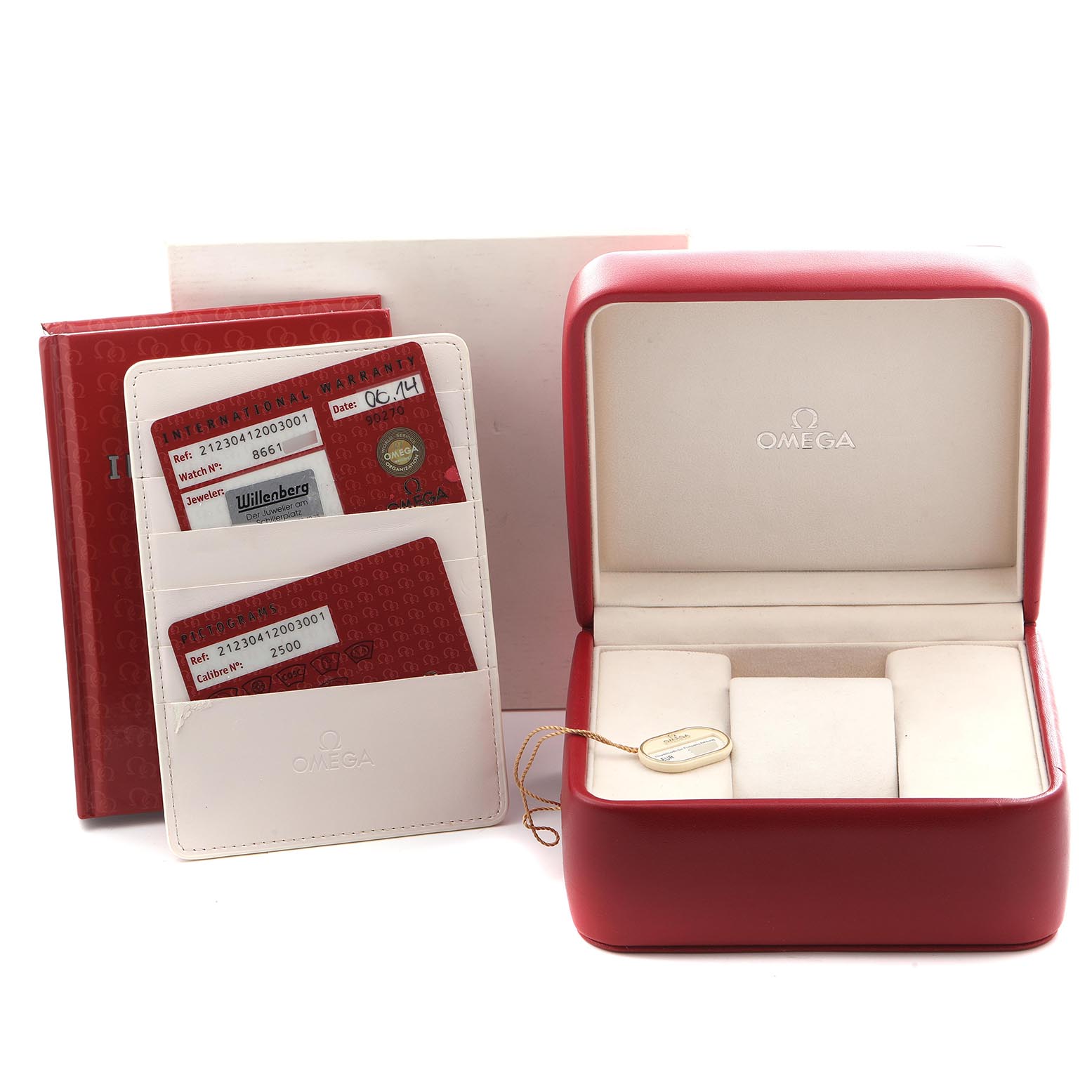 The image shows a red Omega Seamaster 212.30.41.20.03.001 Men
s Stainless Steel Blue Dial 212.30.41.20.03.001 Men
s Stainless Steel Blue Dial watch box with accessories including documentation and cards, viewed from the front.