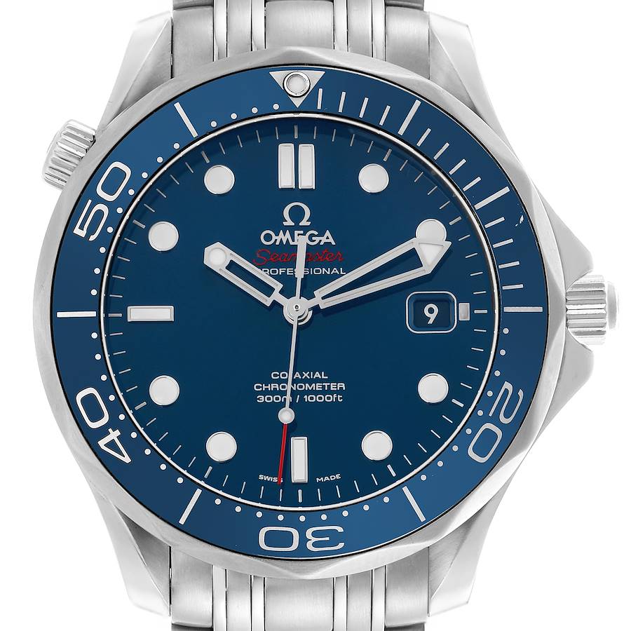 The Omega Seamaster watch is shown from the front, highlighting the dial, bezel, and bracelet.