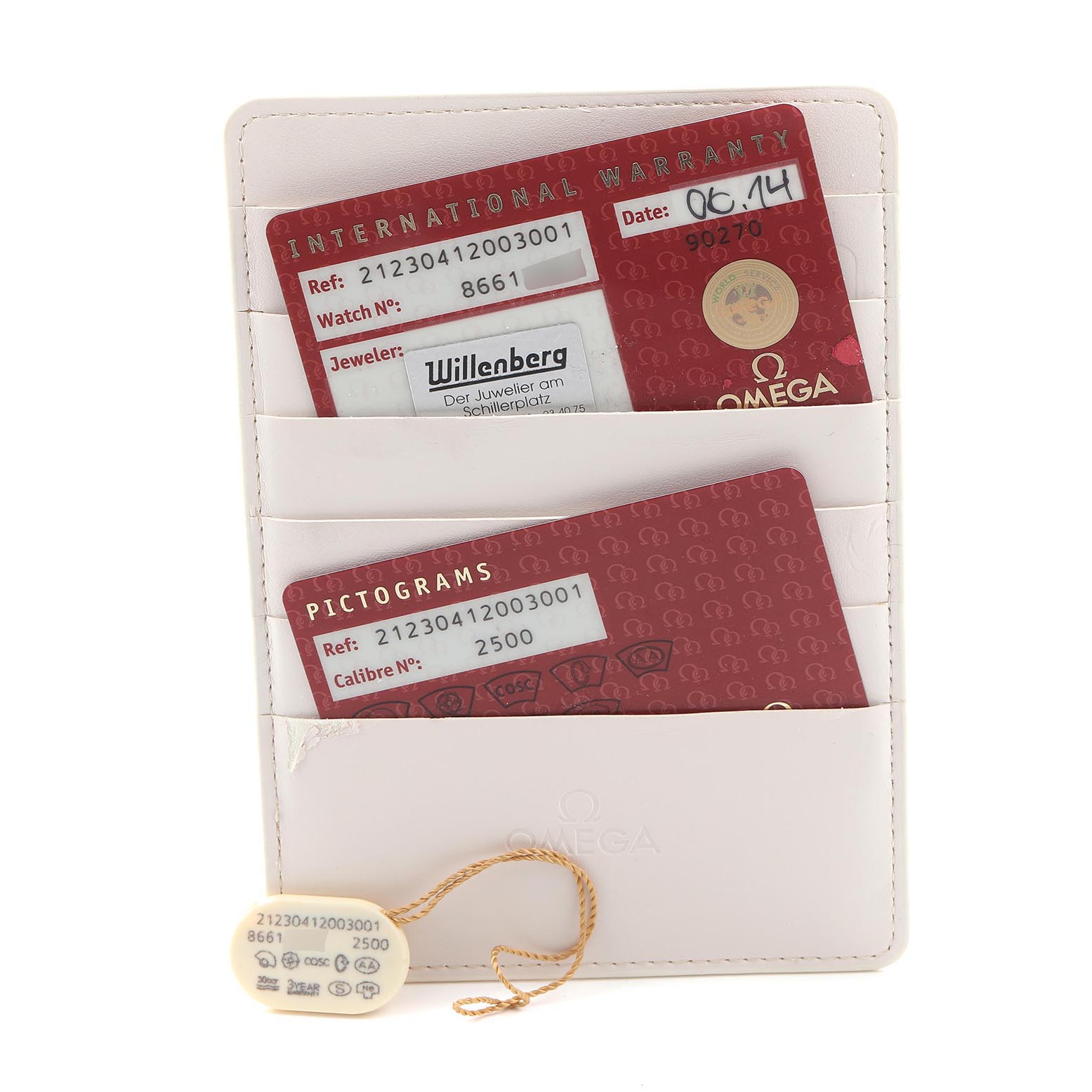 The image shows Omega Seamaster 212.30.41.20.03.001 Men
s Stainless Steel Blue Dial 212.30.41.20.03.001 Men
s Stainless Steel Blue Dial warranty cards in a holder and a tag, viewed from above.