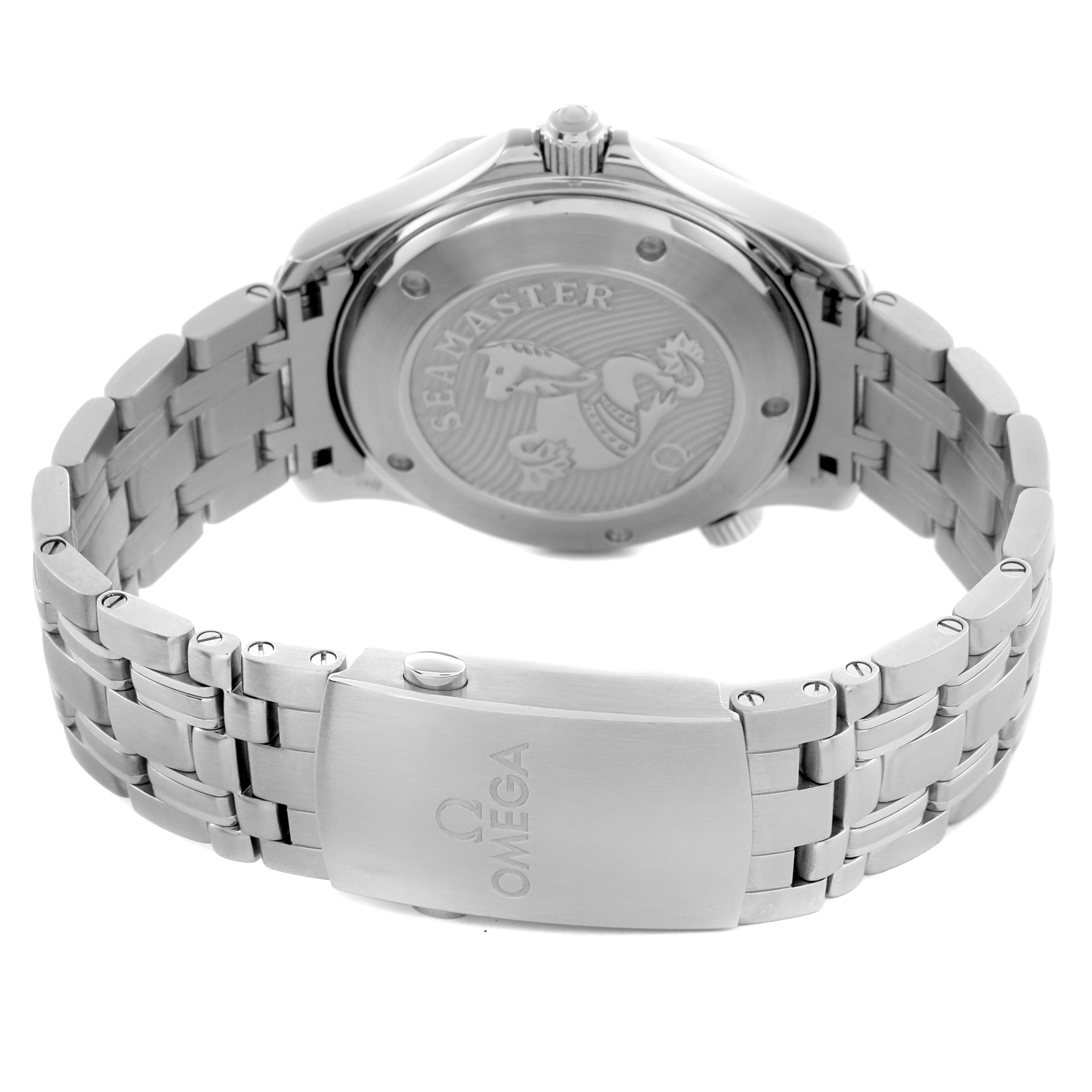 The image shows the Omega Seamaster 212.30.41.20.03.001 Men
s Stainless Steel Blue Dial 212.30.41.20.03.001 Men
s Stainless Steel Blue Dial watch from a rear angle, highlighting the case back and metal bracelet with the Omega logo on the clasp.