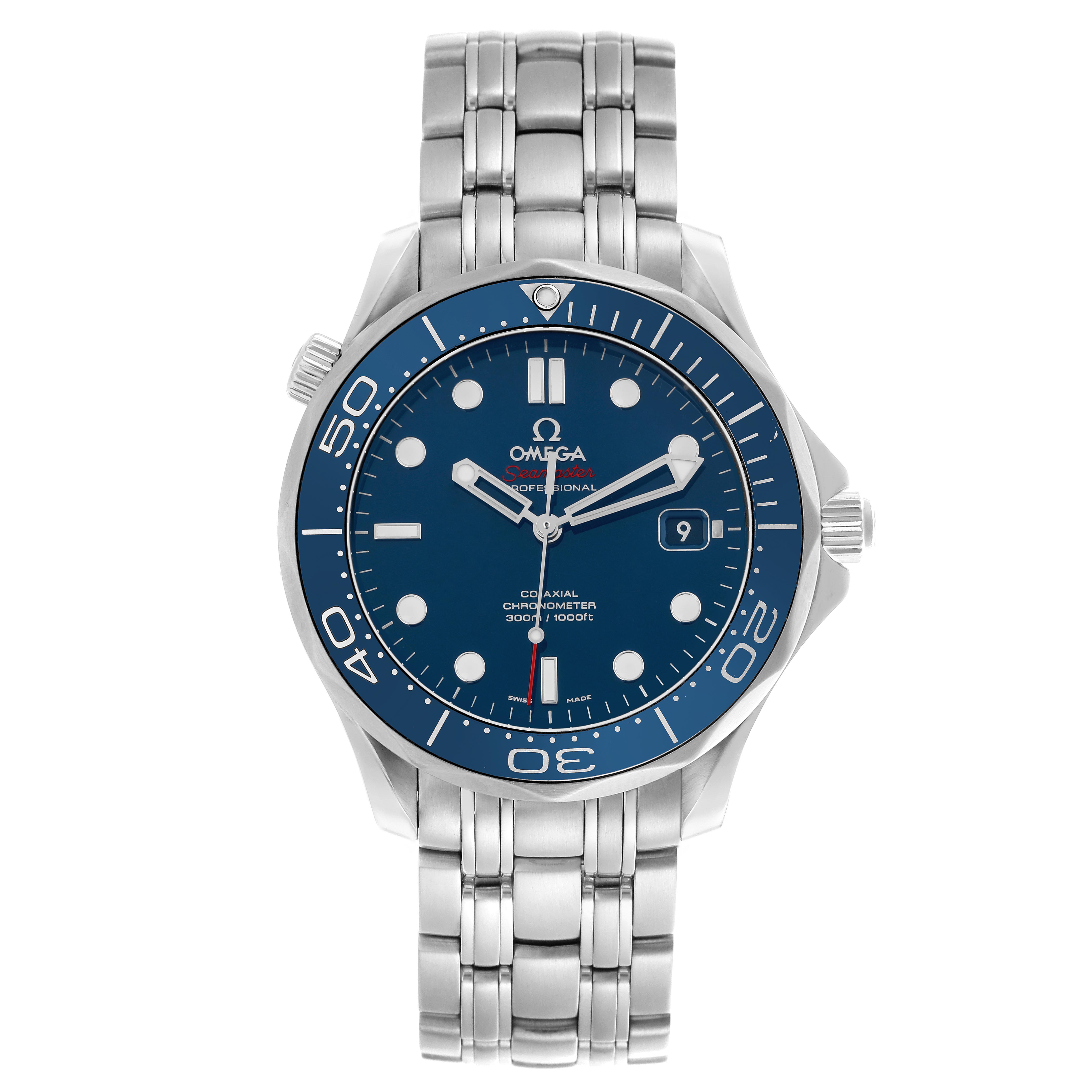 The Omega Seamaster 212.30.41.20.03.001 Men
s Stainless Steel Blue Dial 212.30.41.20.03.001 Men
s Stainless Steel Blue Dial watch is shown from a top-down angle, displaying its blue dial, bezel, and stainless steel bracelet.