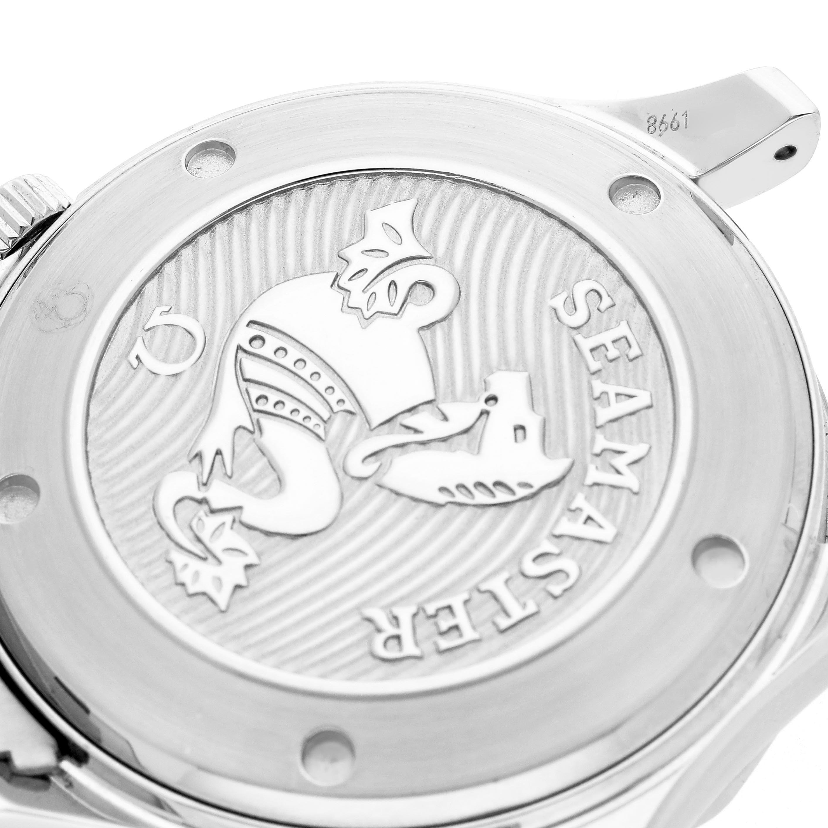 The image shows the case back of an Omega Seamaster 212.30.41.20.03.001 Men
s Stainless Steel Blue Dial 212.30.41.20.03.001 Men
s Stainless Steel Blue Dial watch with an engraved emblem and branding.