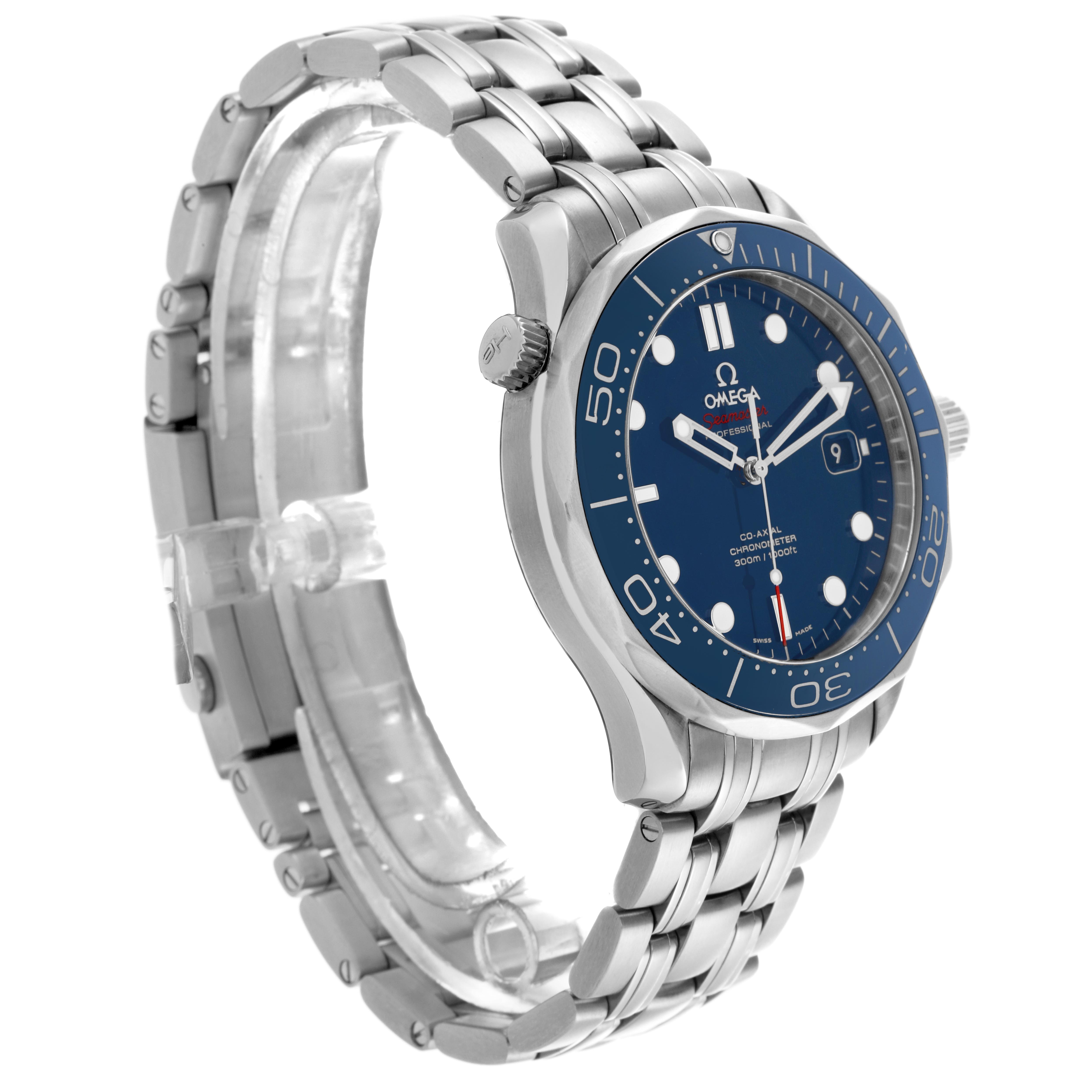 The Omega Seamaster 212.30.41.20.03.001 Men
s Stainless Steel Blue Dial 212.30.41.20.03.001 Men
s Stainless Steel Blue Dial watch is shown at a left-side angle, featuring the bracelet, bezel, crown, and partially the face.