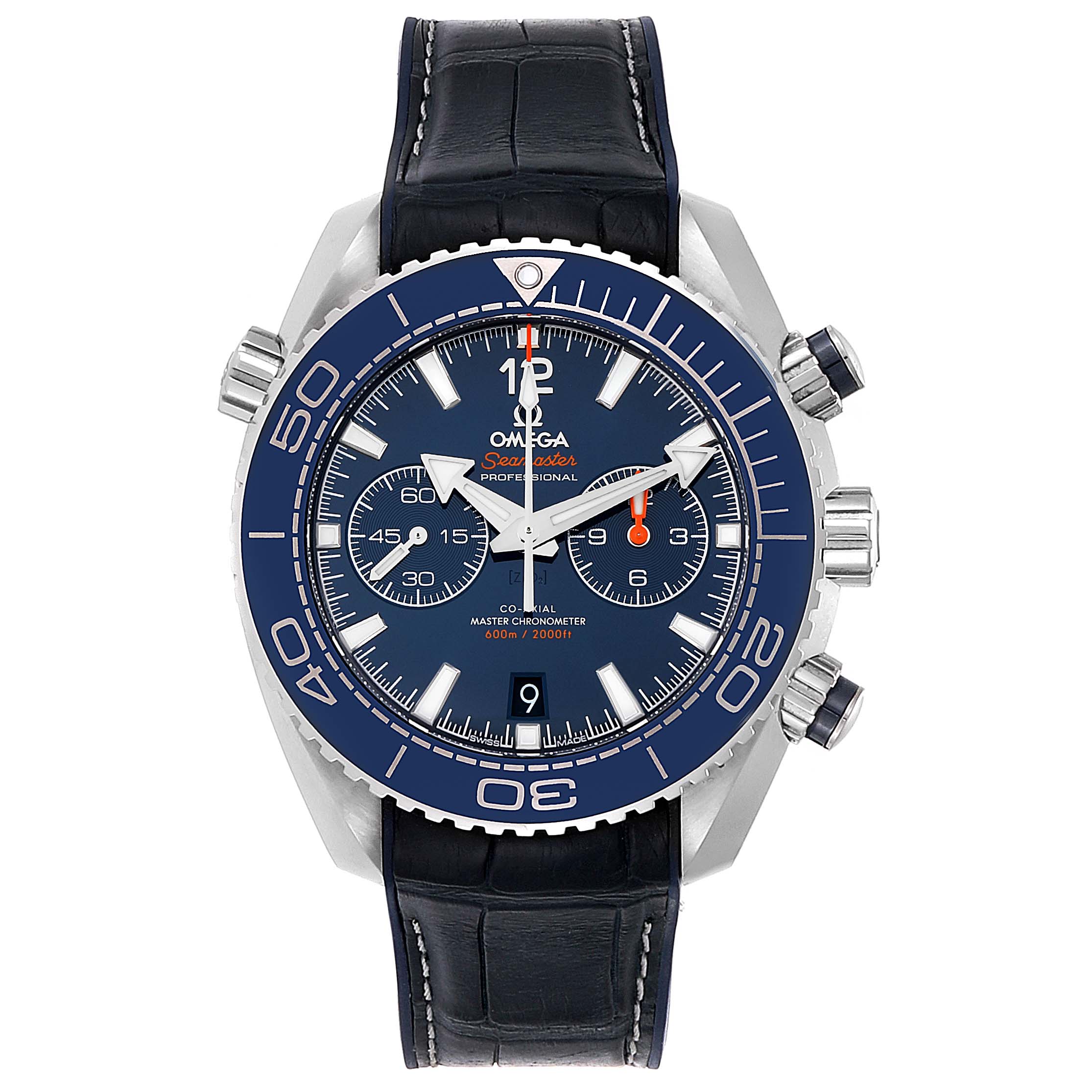 The image shows a frontal view of an Omega Seamaster 215.33.46.51.03.001 Men
s Stainless Steel Blue Dial 215.33.46.51.03.001 Men
s Stainless Steel Blue Dial watch, highlighting the dial, bezel, crown, and pushers.