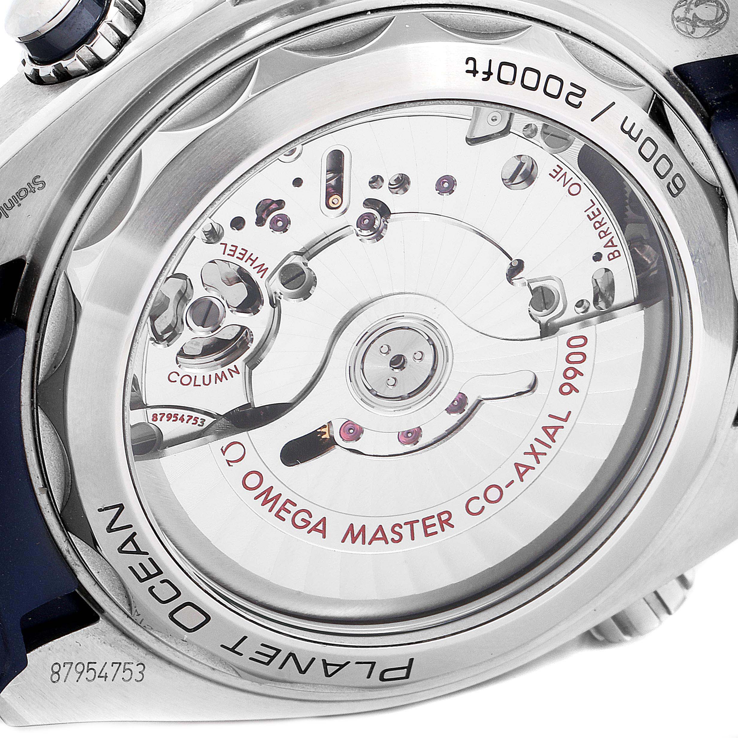 The image shows the back view of an Omega Seamaster 215.33.46.51.03.001 Men
s Stainless Steel Blue Dial 215.33.46.51.03.001 Men
s Stainless Steel Blue Dial Planet Ocean, highlighting the Caliber 9900 movement.