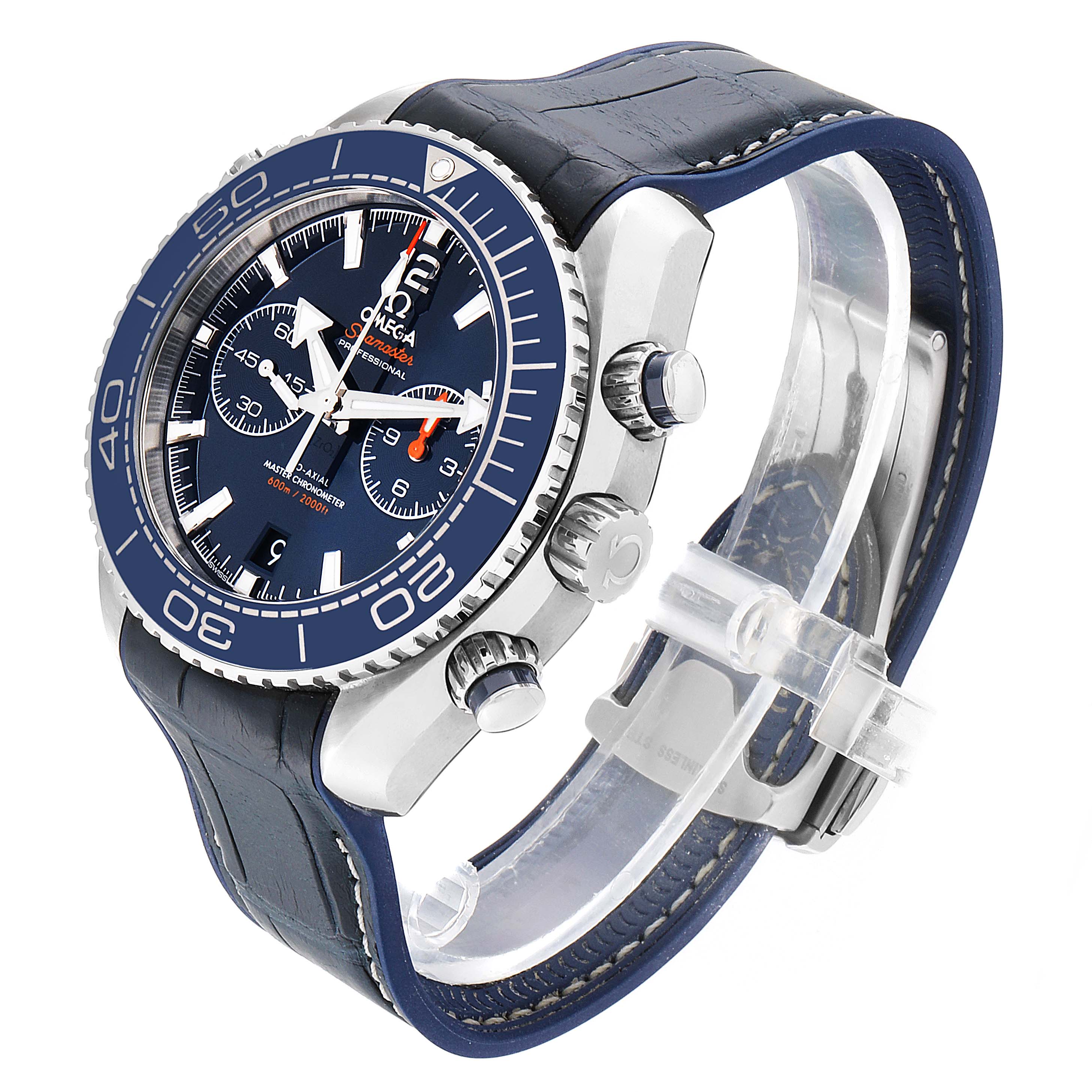 The Omega Seamaster 215.33.46.51.03.001 Men
s Stainless Steel Blue Dial 215.33.46.51.03.001 Men
s Stainless Steel Blue Dial watch is shown at a slight angle, highlighting the dial, bezel, case, crown, and leather strap.