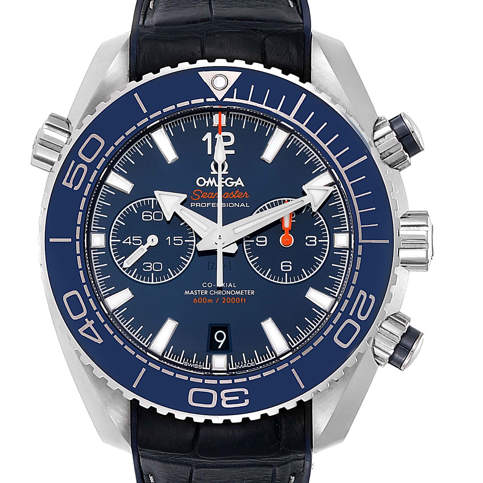The Omega Seamaster 215.33.46.51.03.001 Men
s Stainless Steel Blue Dial 215.33.46.51.03.001 Men
s Stainless Steel Blue Dial watch is shown from a frontal angle, displaying the face, dial, bezel, and pushers.