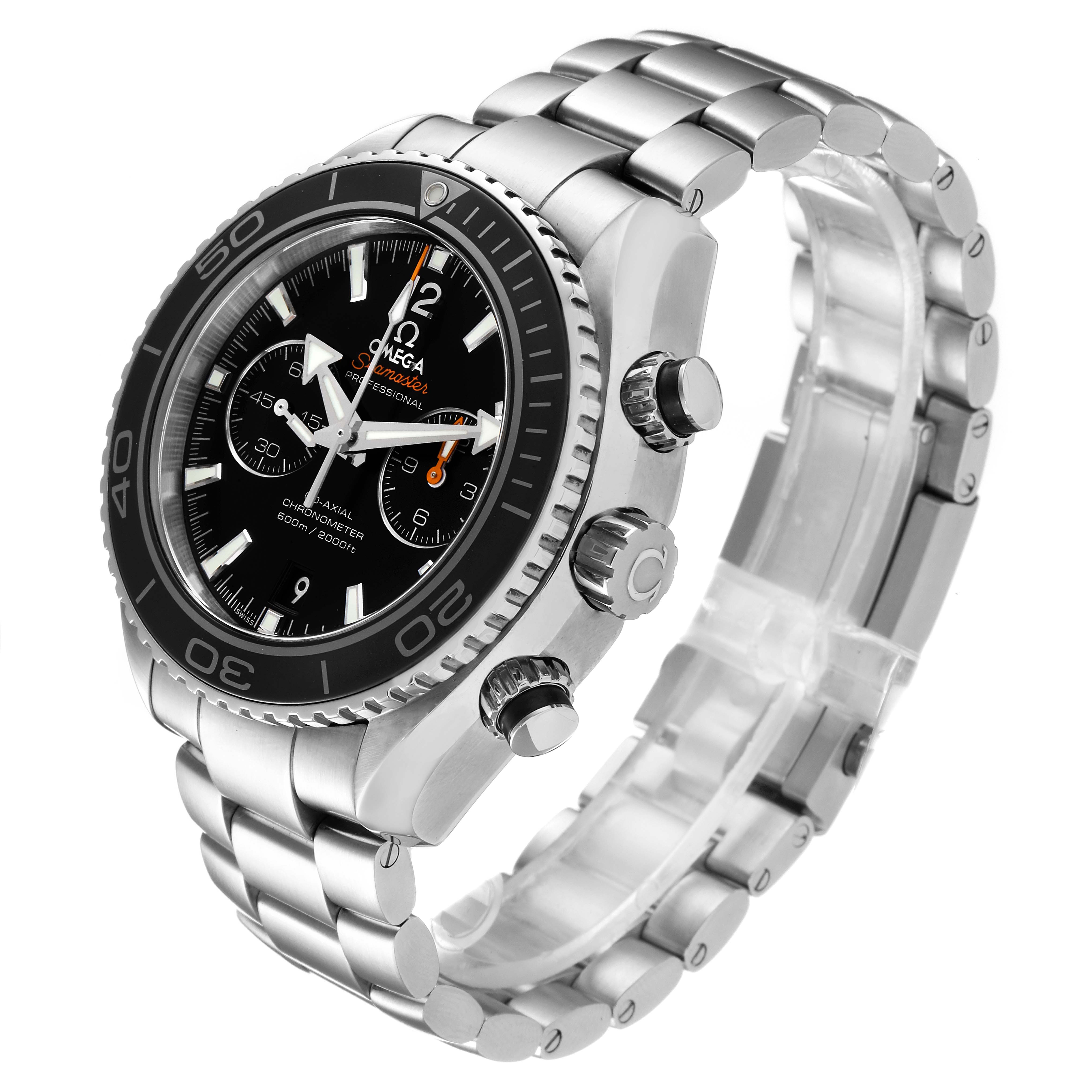 The image shows a side and angled view of the Omega Planet Ocean 232.30.42.21.01.001 Men
s Stainless Steel Black Dial 232.30.42.21.01.001 Men
s Stainless Steel Black Dial watch, highlighting its bezel, crown, pushers, and bracelet.