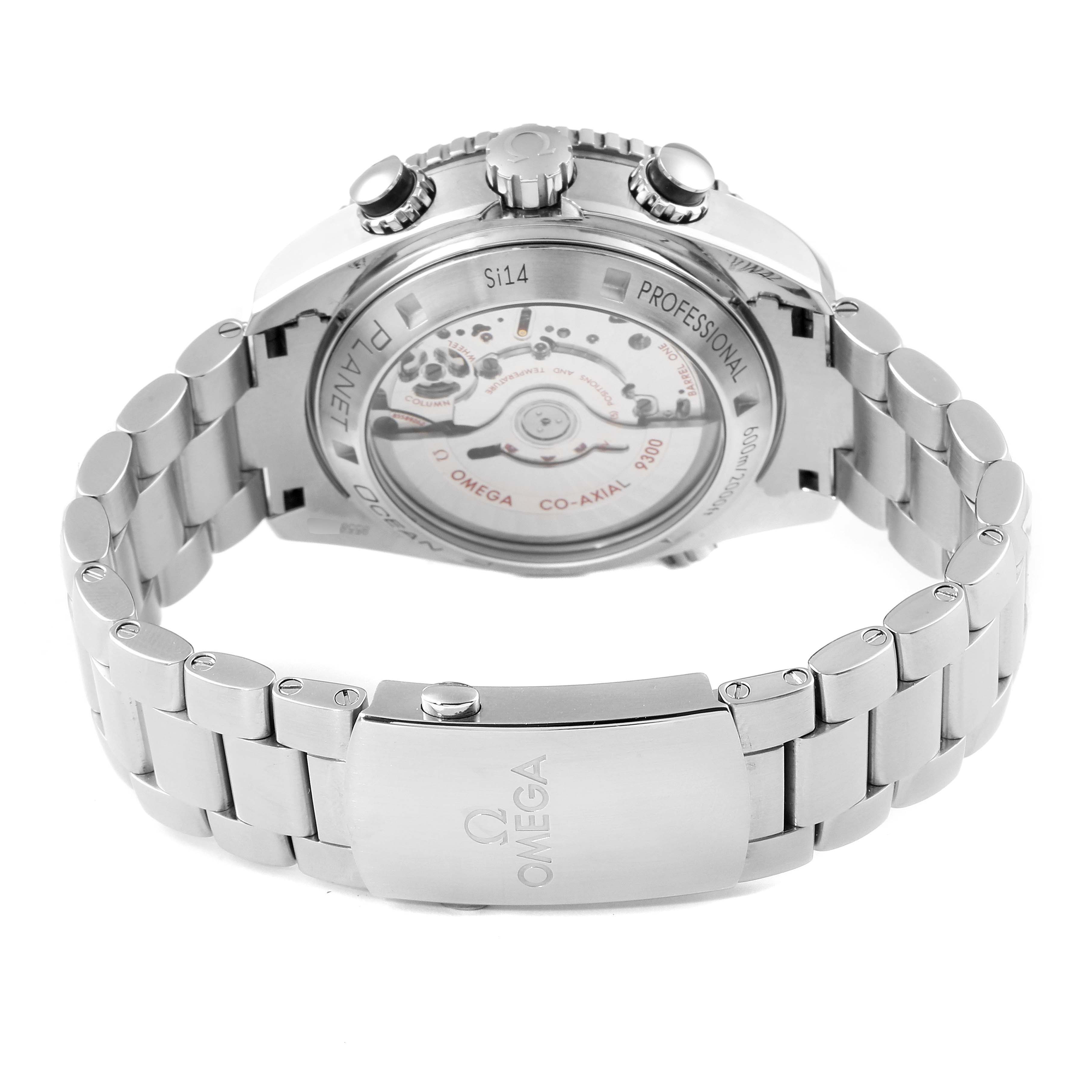 The image shows the back view of an Omega Planet Ocean 232.30.42.21.01.001 Men
s Stainless Steel Black Dial 232.30.42.21.01.001 Men
s Stainless Steel Black Dial watch, highlighting its metal bracelet and transparent case back.