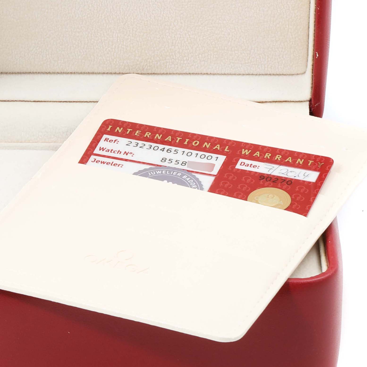 The image shows the warranty card for the Omega Planet Ocean 232.30.42.21.01.001 Men
s Stainless Steel Black Dial 232.30.42.21.01.001 Men
s Stainless Steel Black Dial model in its red leather case.