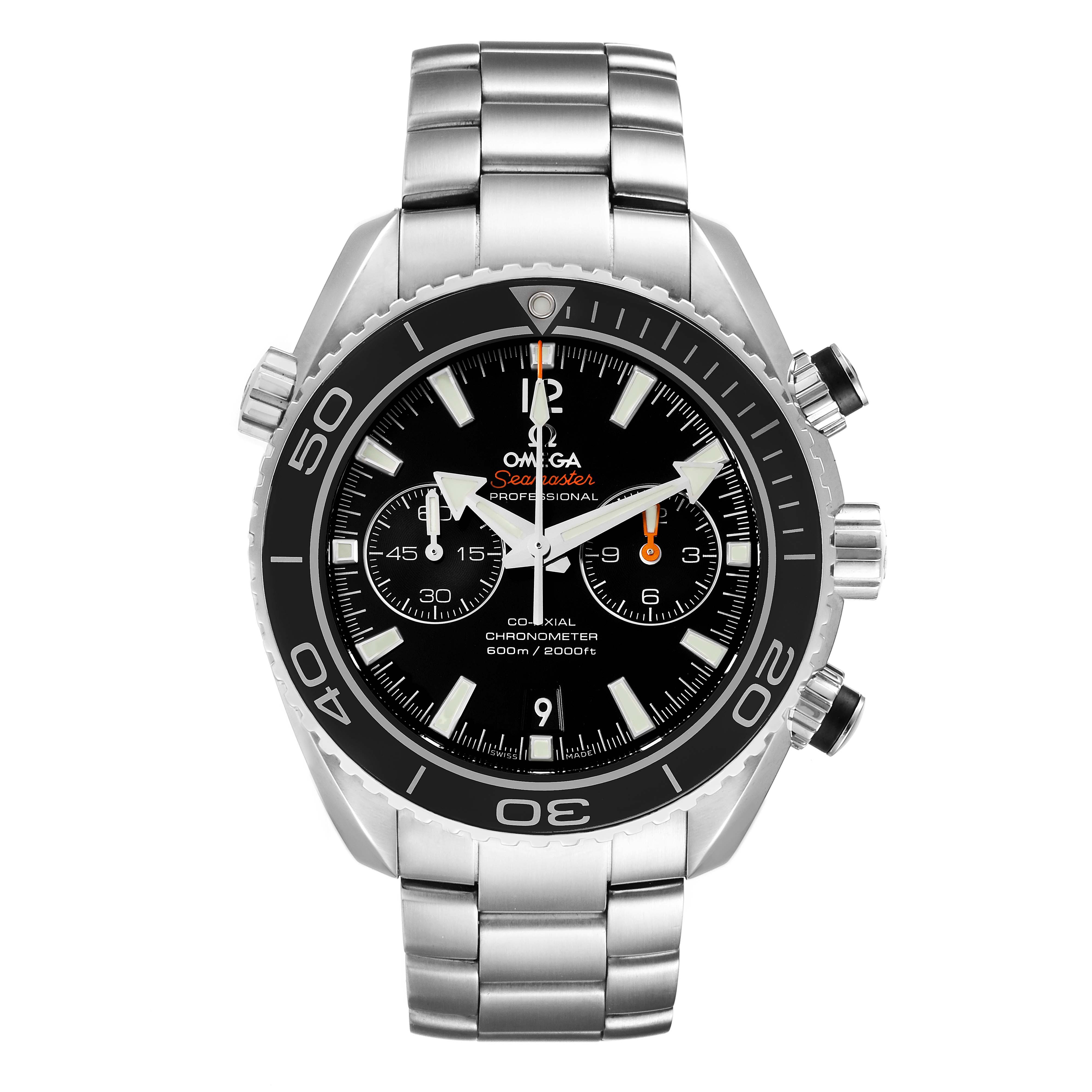 The image shows a front view of the Omega Planet Ocean 232.30.42.21.01.001 Men
s Stainless Steel Black Dial 232.30.42.21.01.001 Men
s Stainless Steel Black Dial watch, highlighting the dial, bezel, bracelet, and chronograph buttons.