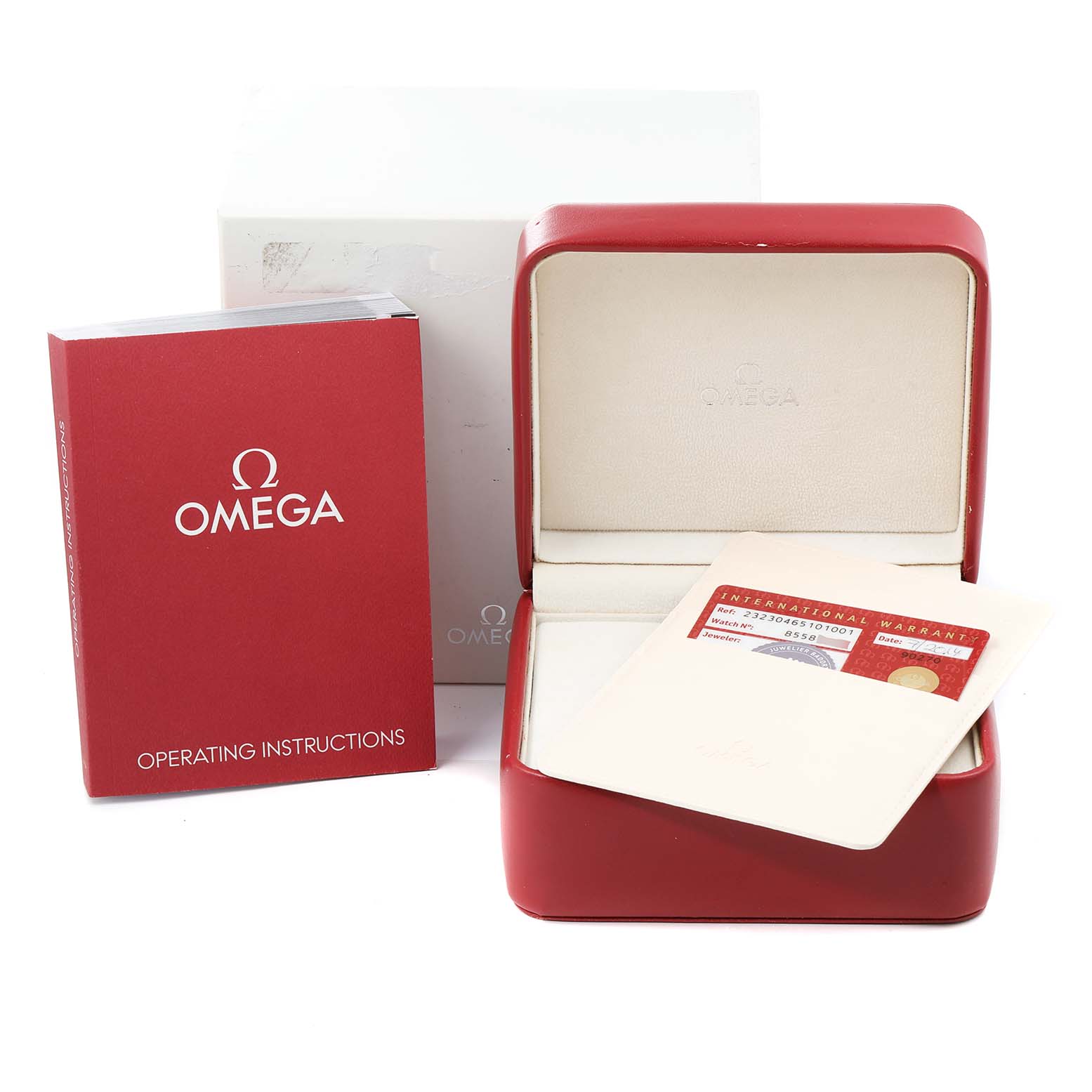 This image shows the Omega Planet Ocean 232.30.42.21.01.001 Men
s Stainless Steel Black Dial 232.30.42.21.01.001 Men
s Stainless Steel Black Dial model
s watch box, operating instructions booklet, and international warranty card.