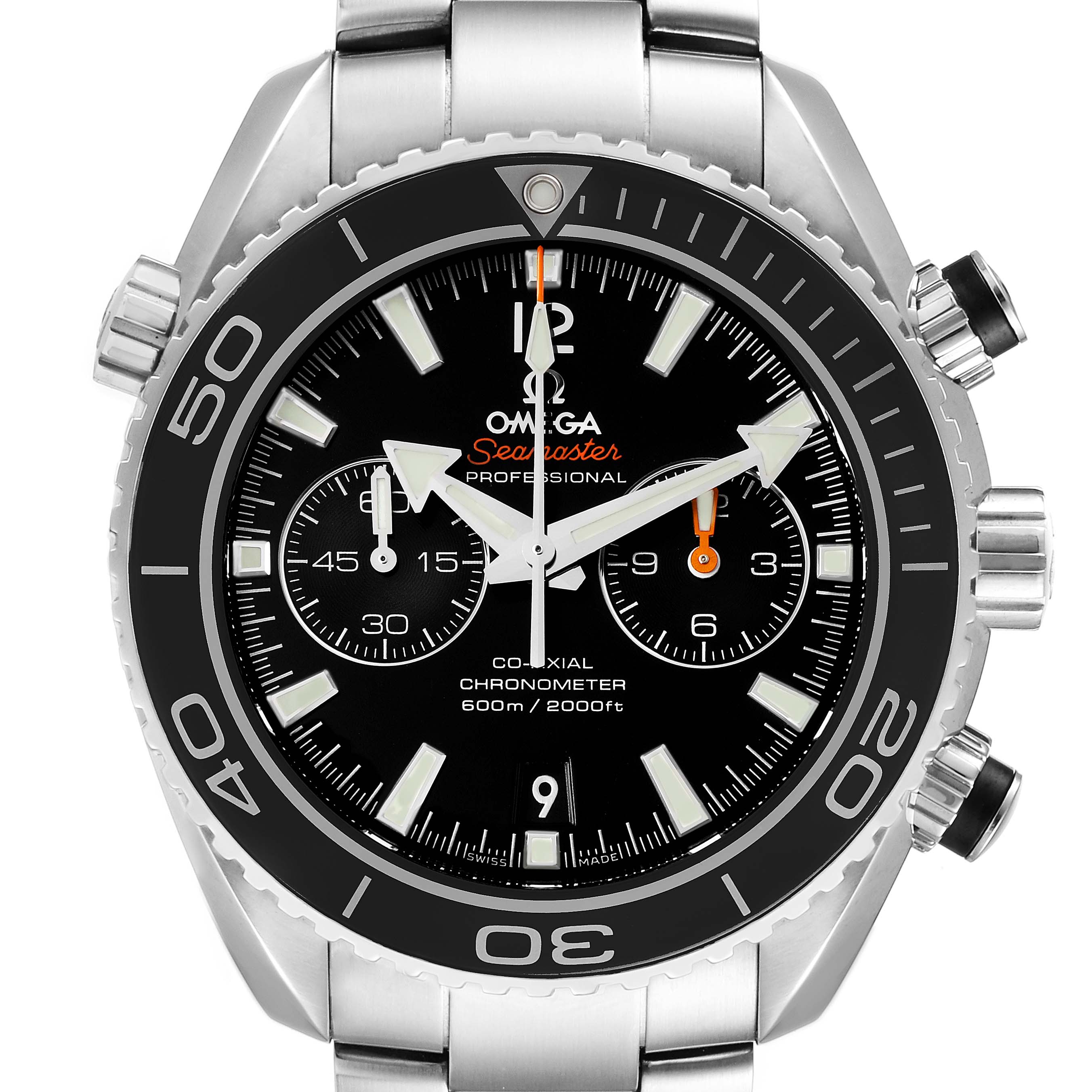 This is a frontal view of the Omega Planet Ocean 232.30.42.21.01.001 Men
s Stainless Steel Black Dial 232.30.42.21.01.001 Men
s Stainless Steel Black Dial watch, displaying its dial, bezel, and part of the stainless steel bracelet.