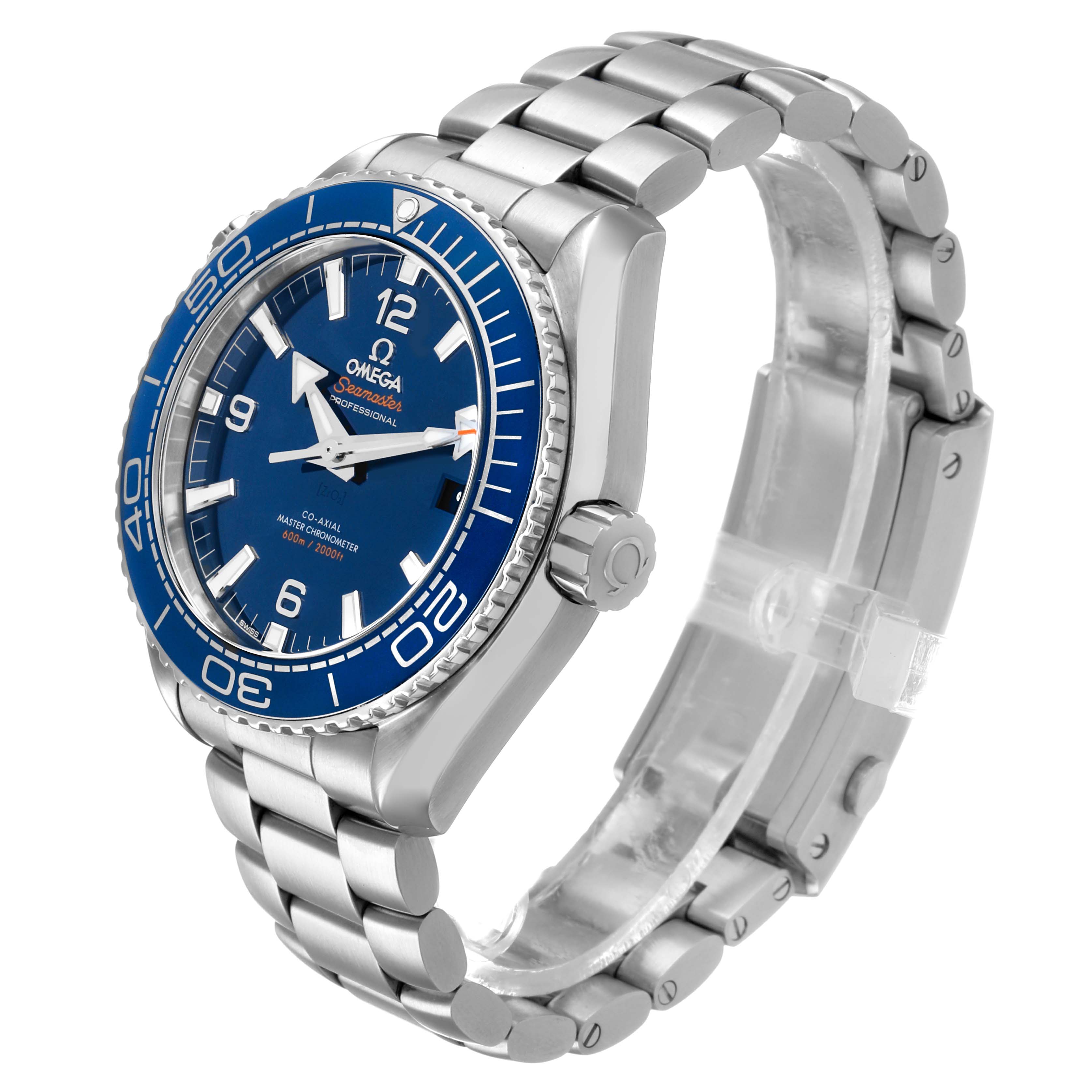 The Omega Planet Ocean 215.30.44.21.03.001 Men's Stainless Steel Blue Dial watch is shown at a slight angle, highlighting the face, bezel, crown, and part of the bracelet.