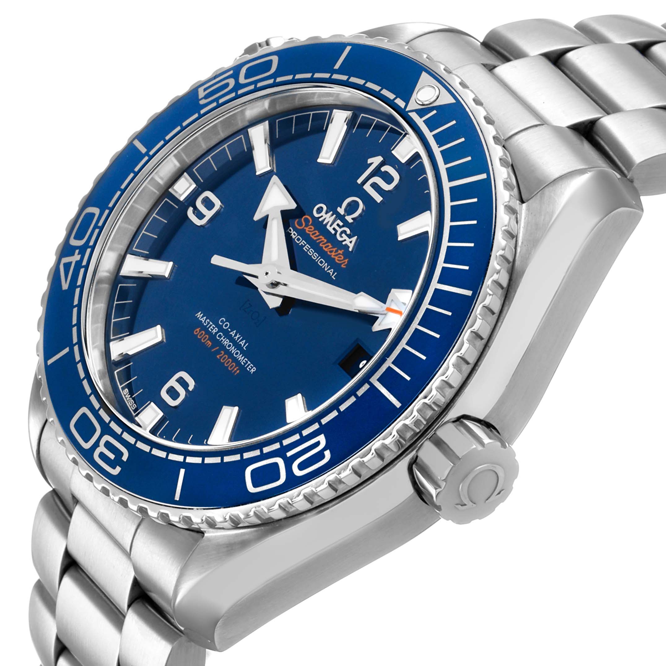The Omega Planet Ocean 215.30.44.21.03.001 Men's Stainless Steel Blue Dial watch is shown at a three-quarter angle, highlighting the bezel, dial, crown, and bracelet.