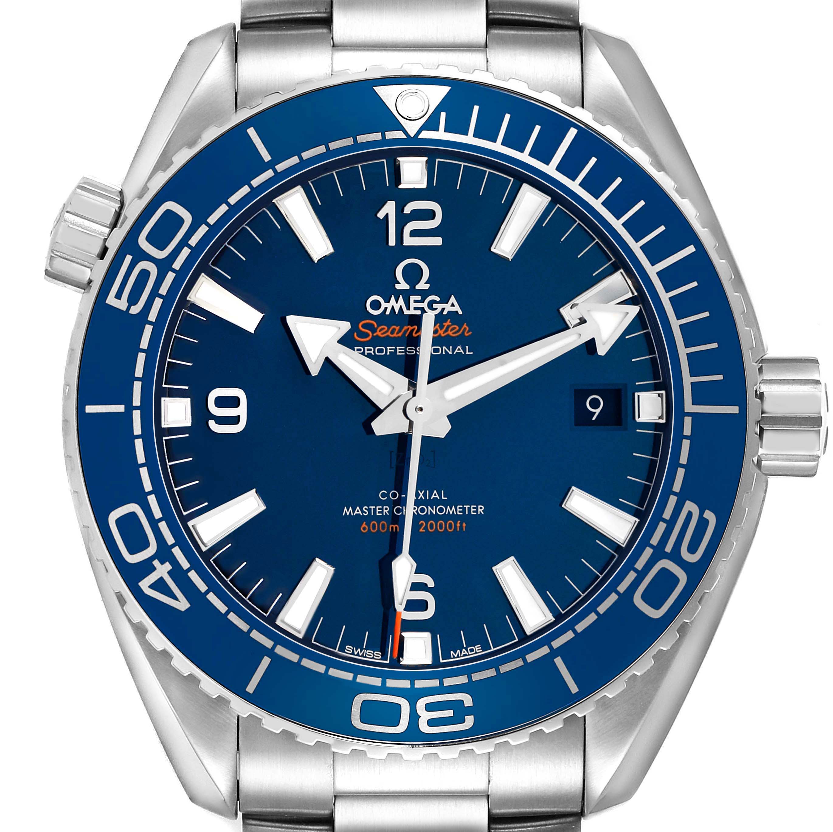 The Omega Planet Ocean 215.30.44.21.03.001 Men's Stainless Steel Blue Dial watch is shown from the front, highlighting the dial, bezel, and part of the stainless steel bracelet.