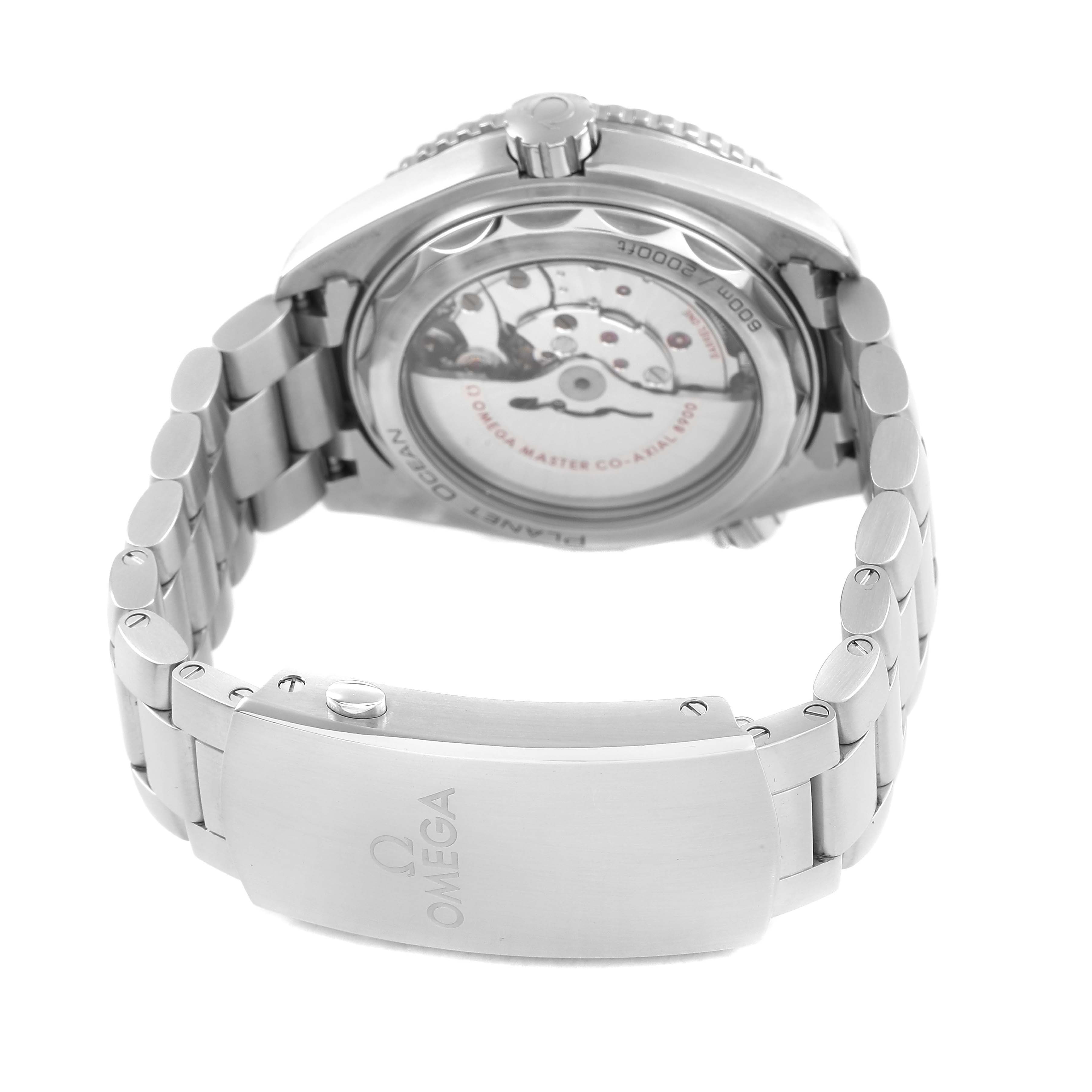The Omega Planet Ocean 215.30.44.21.03.001 Men's Stainless Steel Blue Dial watch is shown from the back, displaying the movement and clasp.