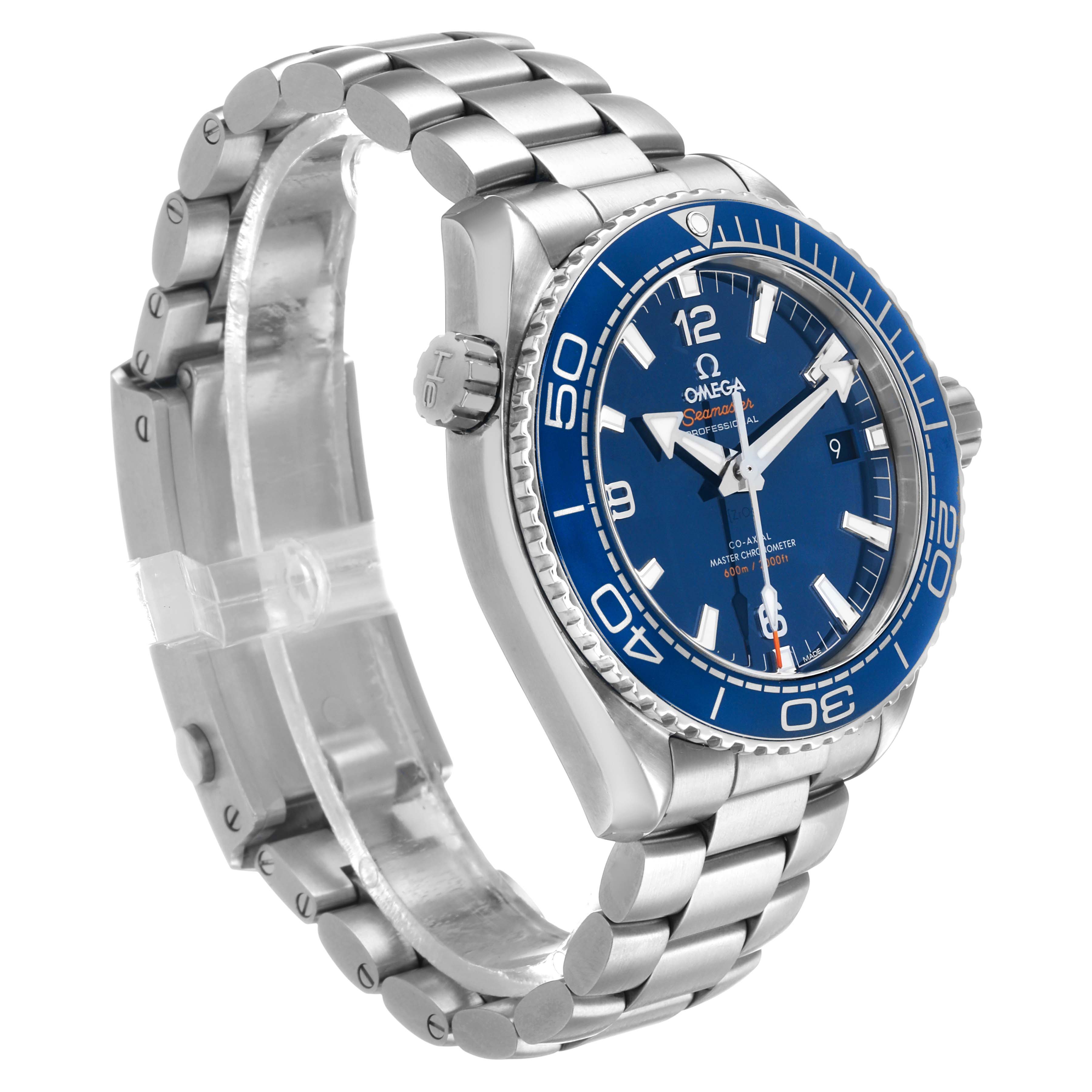 The Omega Planet Ocean 215.30.44.21.03.001 Men's Stainless Steel Blue Dial watch is shown at a three-quarter angle, displaying the dial, bezel, and bracelet.