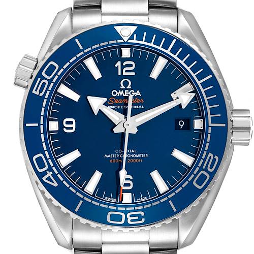 The image shows a front view of the Omega Planet Ocean 215.30.44.21.03.001 Men's Stainless Steel Blue Dial watch, highlighting the blue dial, bezel, and stainless steel case.