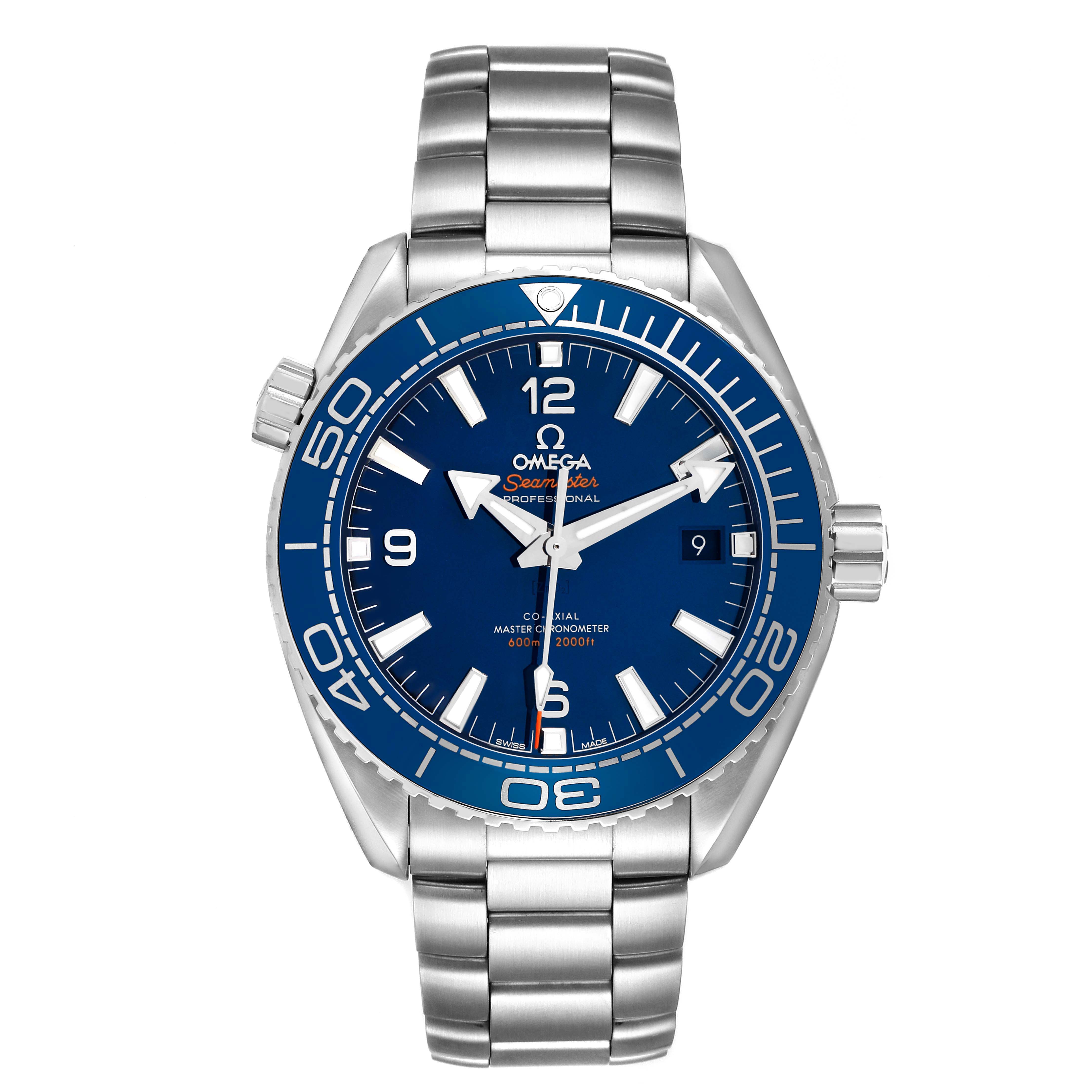 The Omega Planet Ocean 215.30.44.21.03.001 Men's Stainless Steel Blue Dial watch is shown from the front, highlighting its blue dial, silver bezel, and stainless steel bracelet.